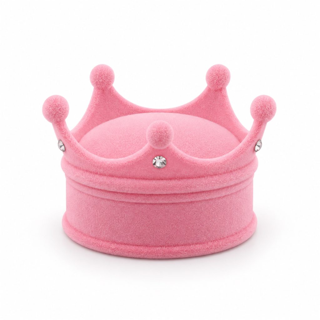 Custom Small Crown-Shaped Flocked Jewelry Ring Box front product view