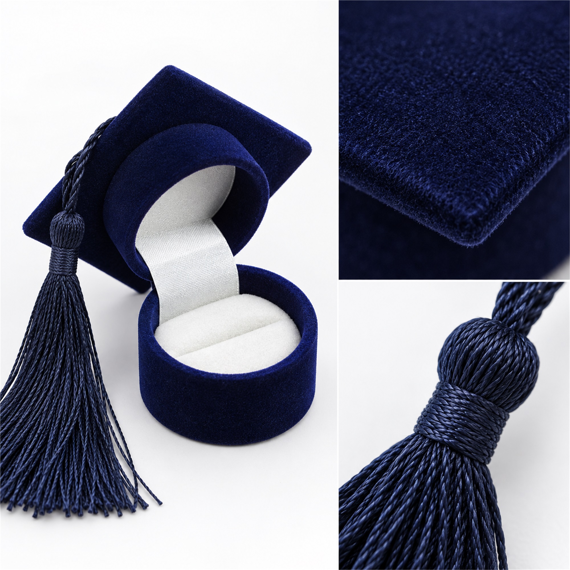 Custom Graduation-Cap Flocked Ring And Earring Jewelry Box product construction details