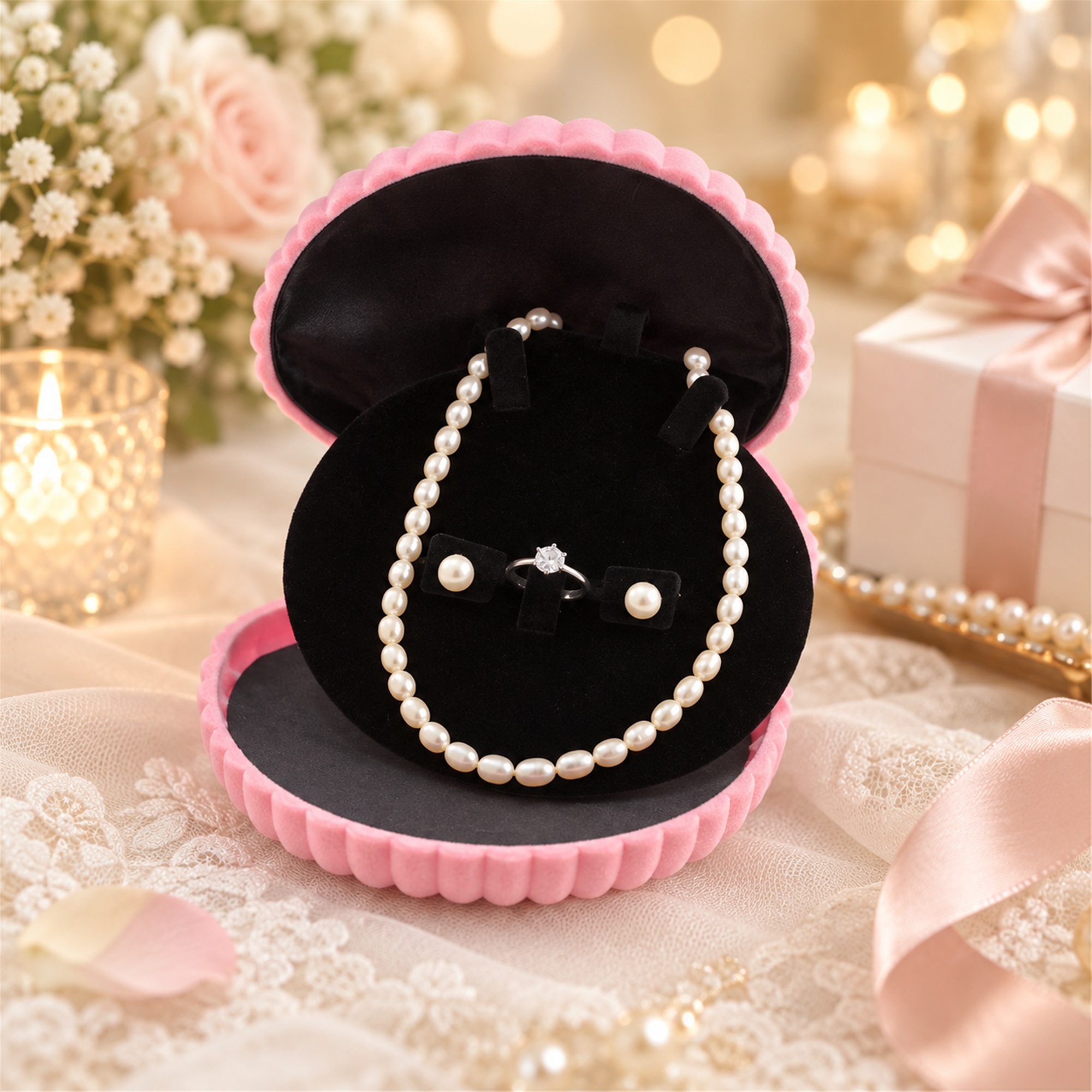 Large Scallop-Shell-Shaped Velvet Necklace And Jewelry Presentation Box lifestyle application