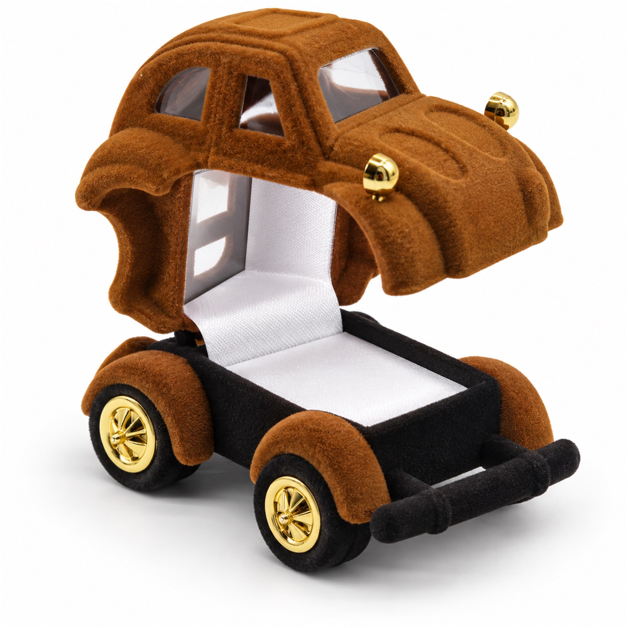 Flocked Vintage-Car-Shaped Ring And Earring Presentation Box front product view