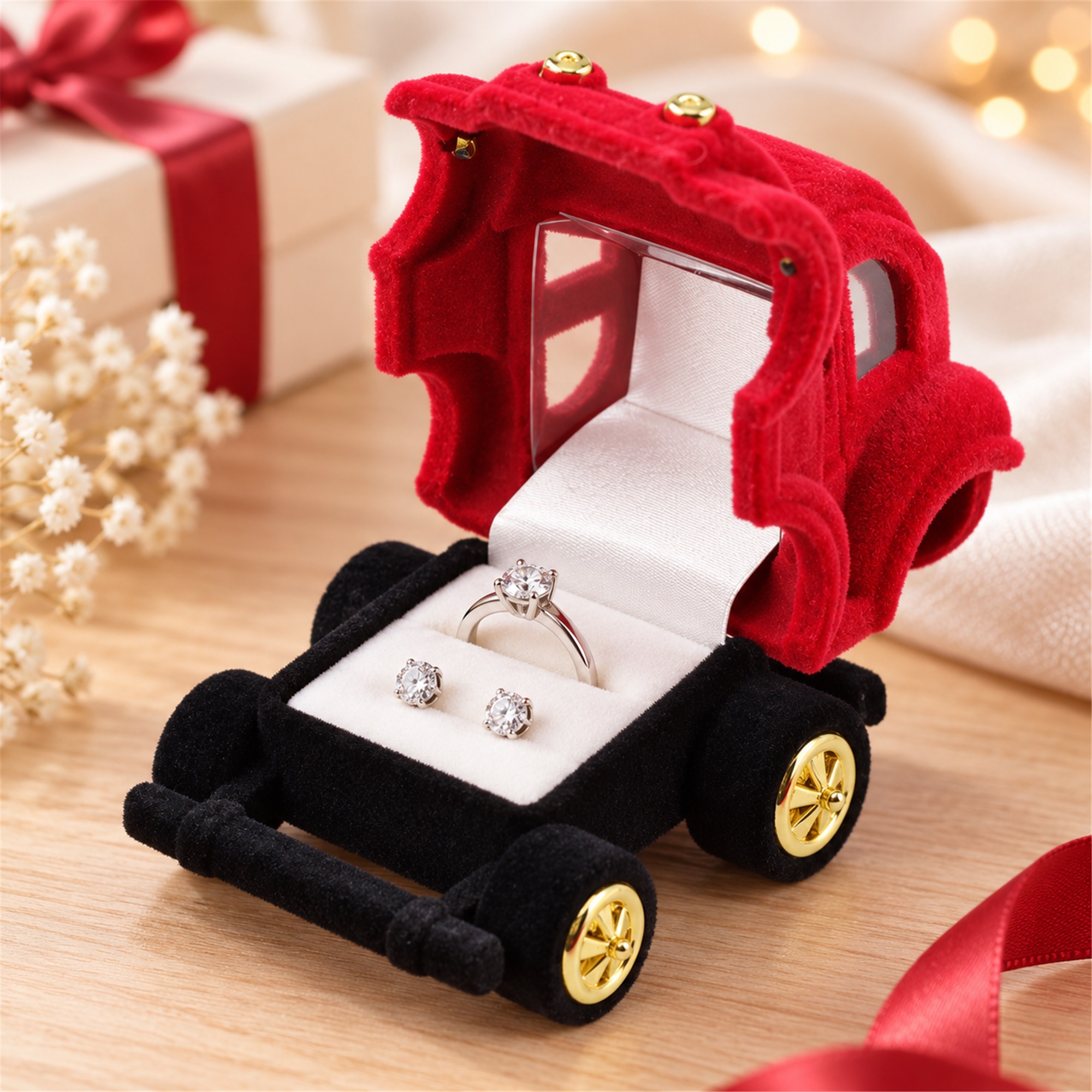 Flocked Vintage-Car-Shaped Ring And Earring Presentation Box lifestyle application