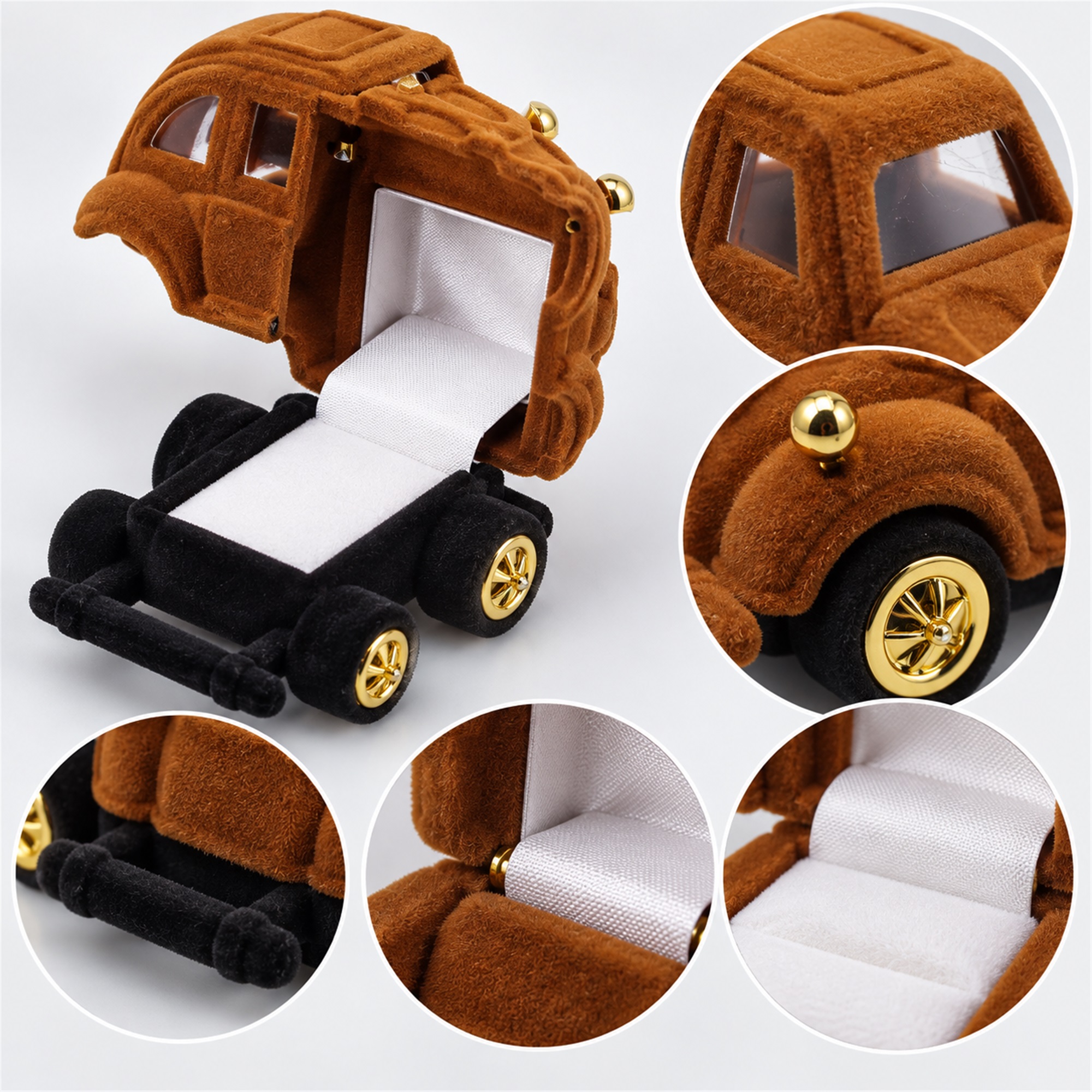 Flocked Vintage-Car-Shaped Ring And Earring Presentation Box product construction details