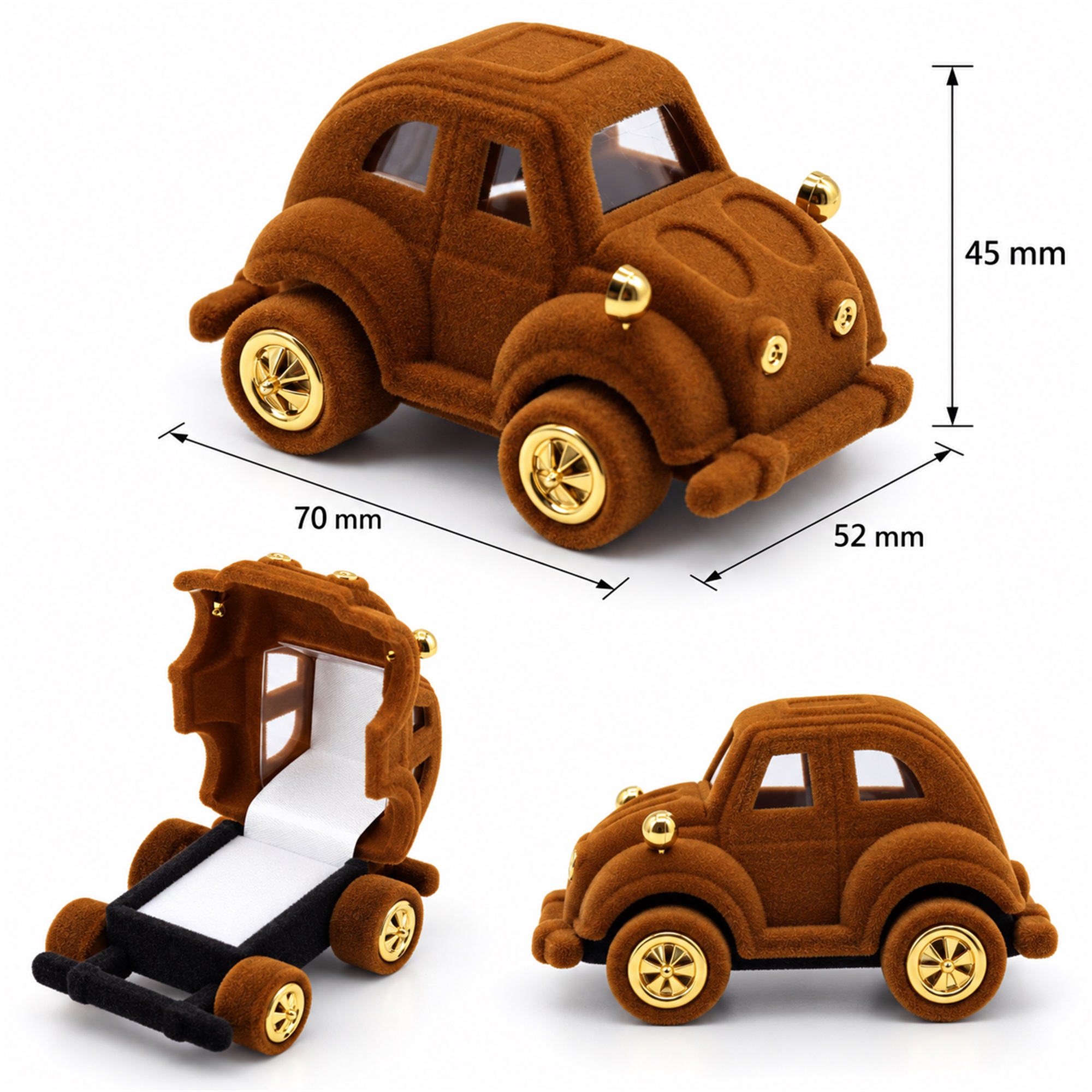 Flocked Vintage-Car-Shaped Ring And Earring Presentation Box size and structure