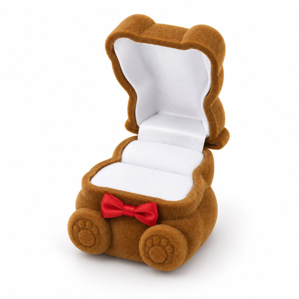 Flocked Teddy-Bear-Shaped Ring, Pendant And Earring Jewelry Box front product view