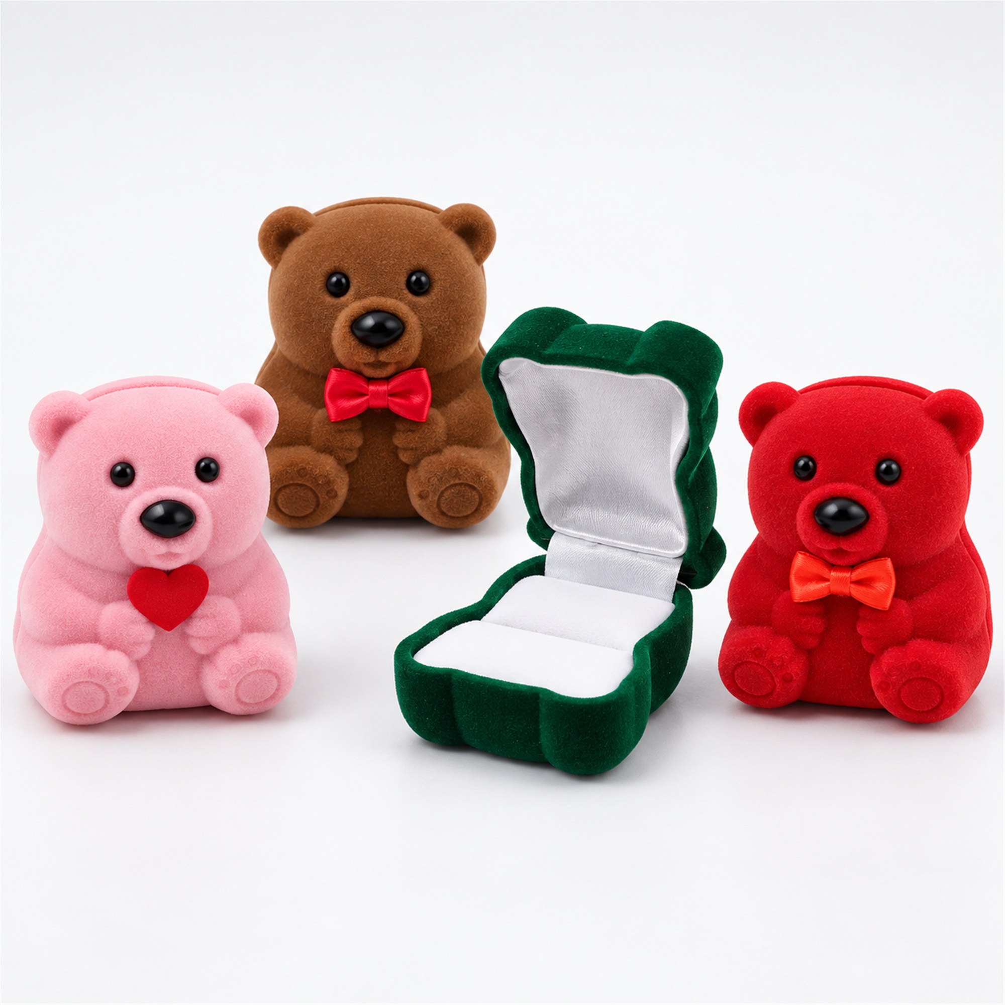 Flocked Teddy-Bear-Shaped Ring, Pendant And Earring Jewelry Box available styles and colors