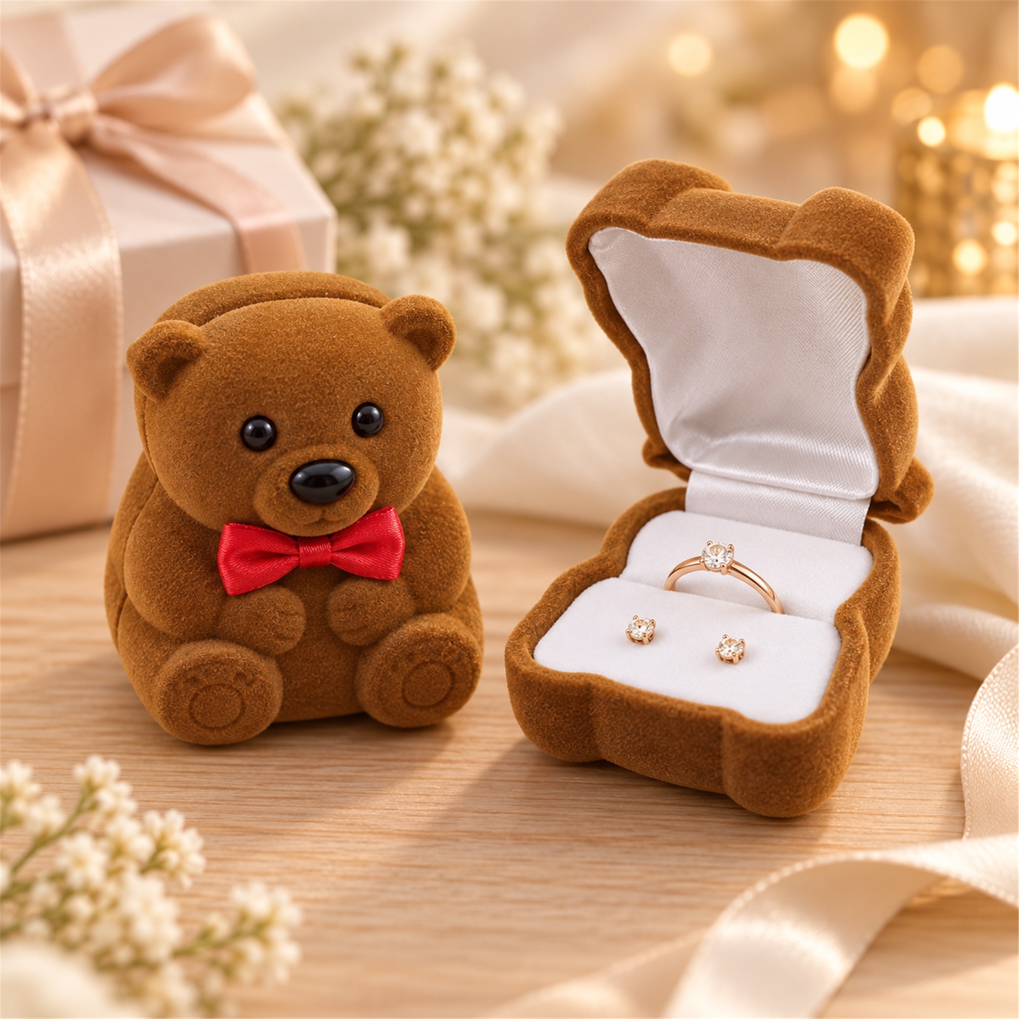 Flocked Teddy-Bear-Shaped Ring, Pendant And Earring Jewelry Box lifestyle application