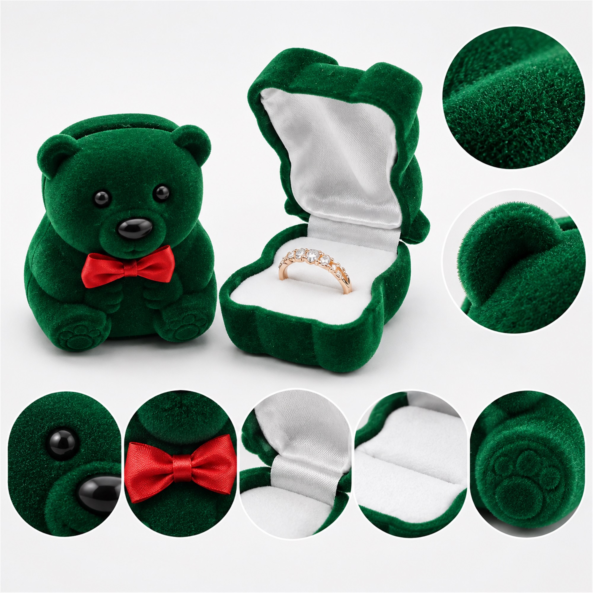 Flocked Teddy-Bear-Shaped Ring, Pendant And Earring Jewelry Box product construction details