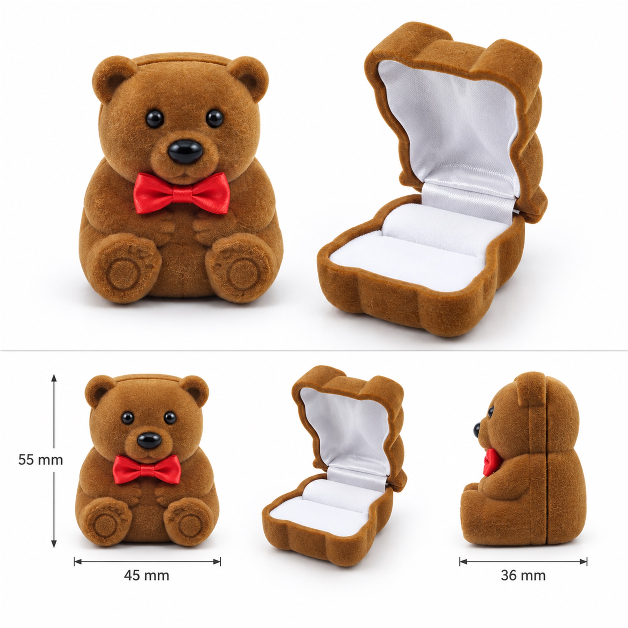 Flocked Teddy-Bear-Shaped Ring, Pendant And Earring Jewelry Box size and structure