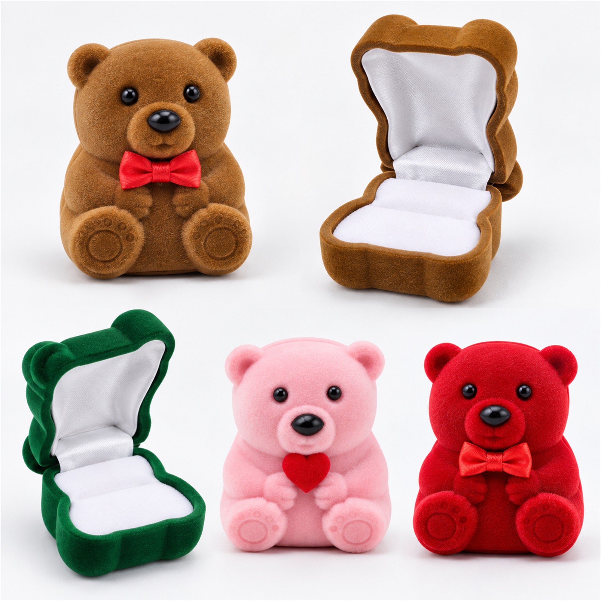 Flocked Teddy-Bear-Shaped Ring, Pendant And Earring Jewelry Box additional product views