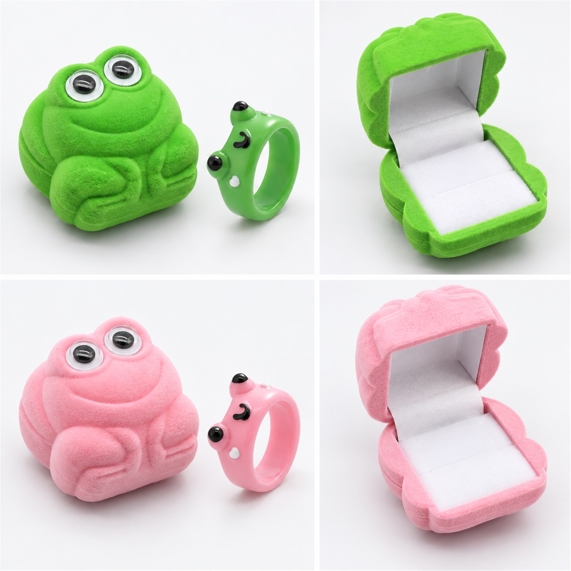 Flocked Frog-Shaped Ring Jewelry Box With Optional Matching Frog Ring available styles and colors