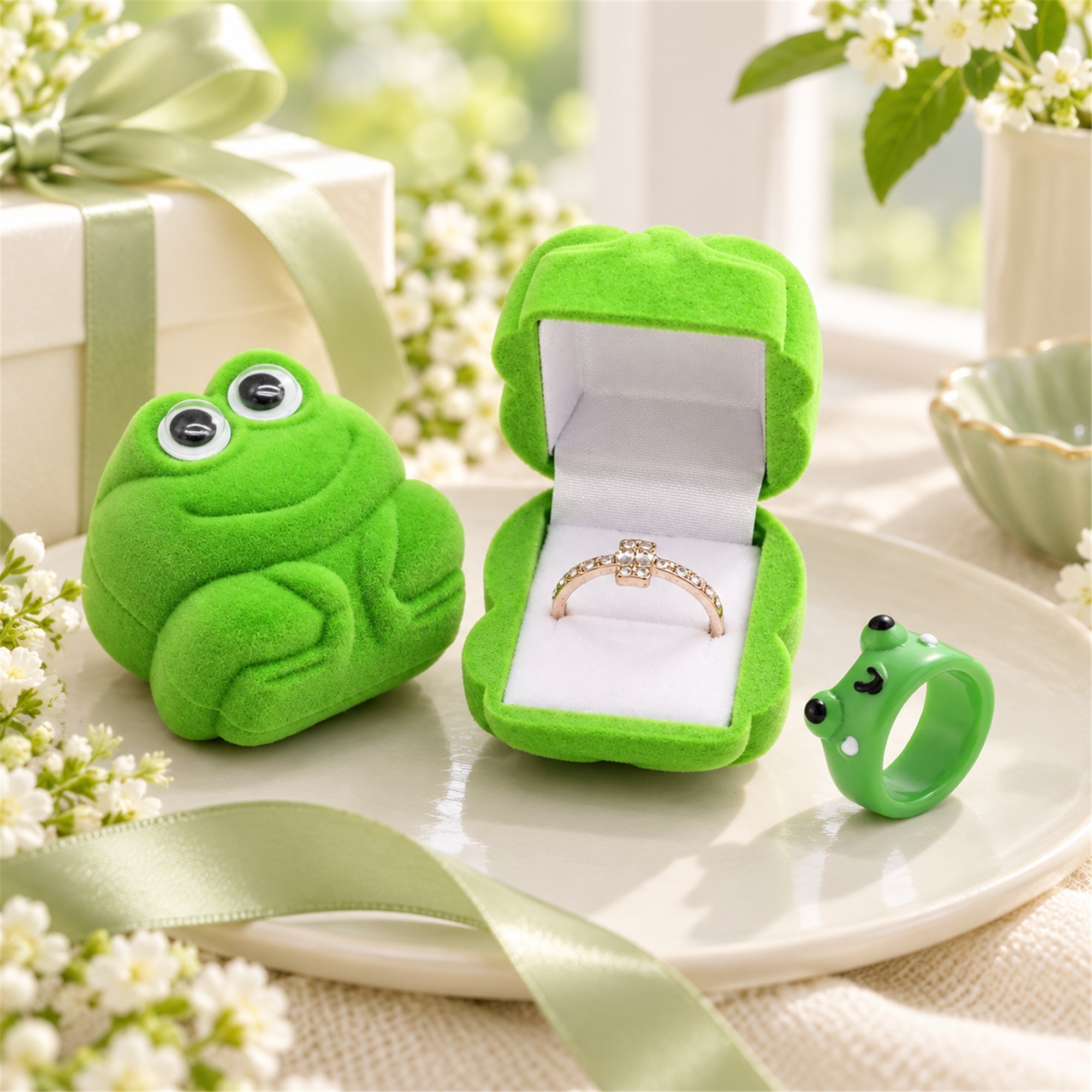 Flocked Frog-Shaped Ring Jewelry Box With Optional Matching Frog Ring lifestyle application