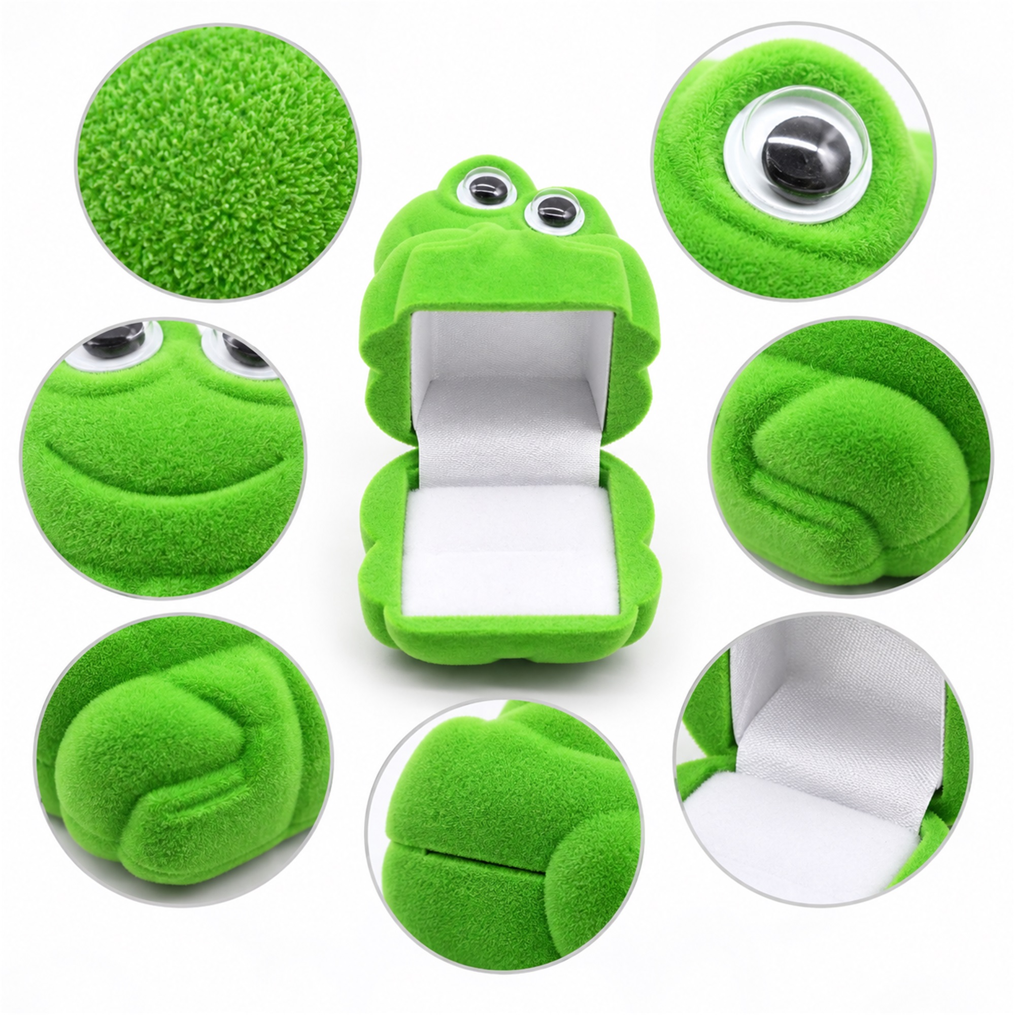 Flocked Frog-Shaped Ring Jewelry Box With Optional Matching Frog Ring product construction details