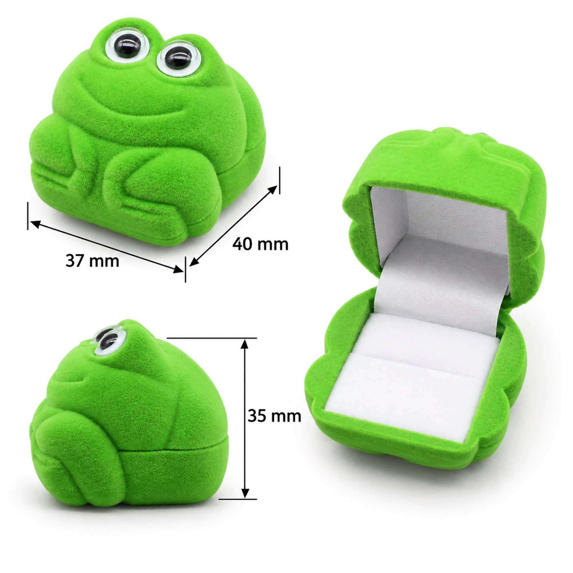 Flocked Frog-Shaped Ring Jewelry Box With Optional Matching Frog Ring size and structure
