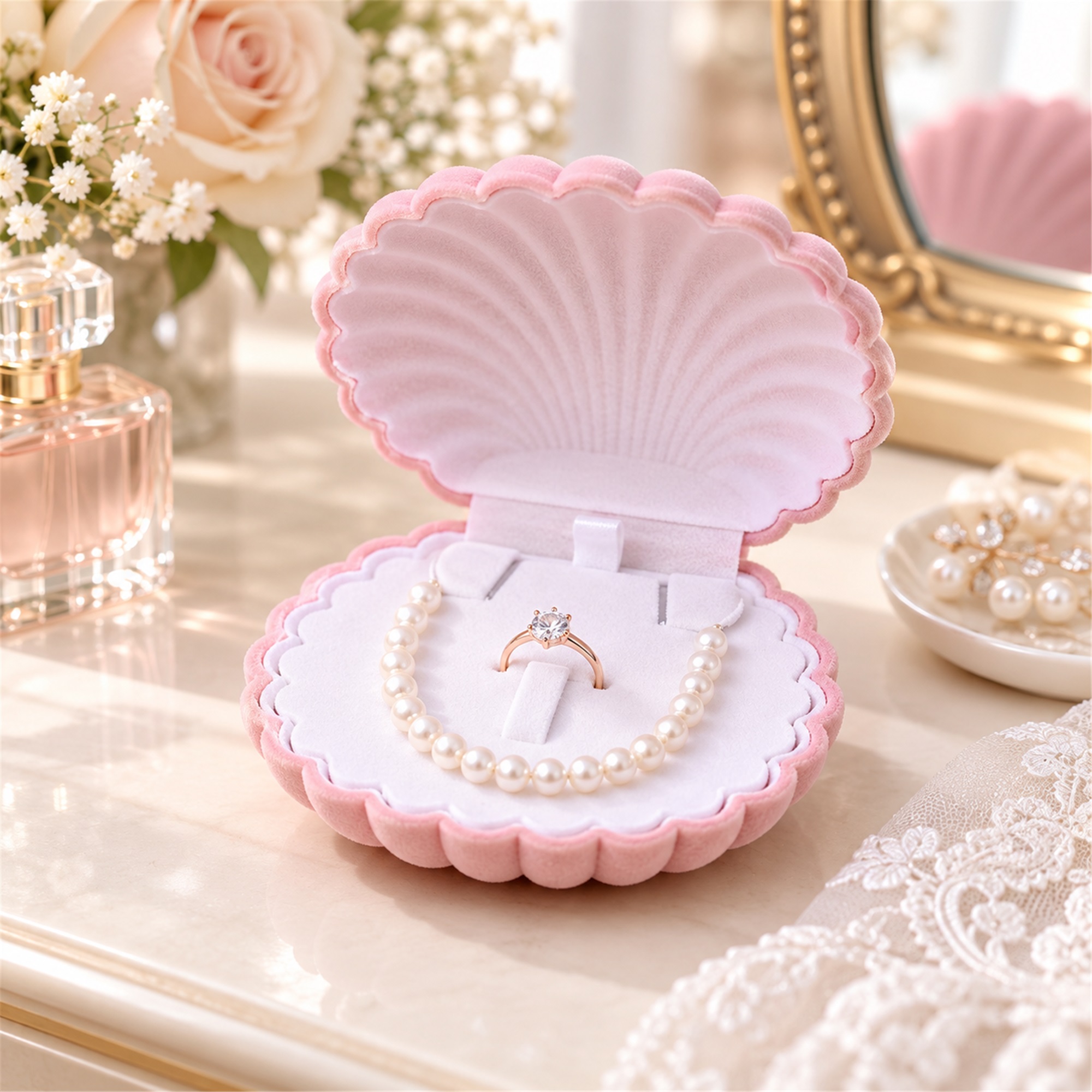Medium Flocked Scallop-Shell Jewelry Box lifestyle application