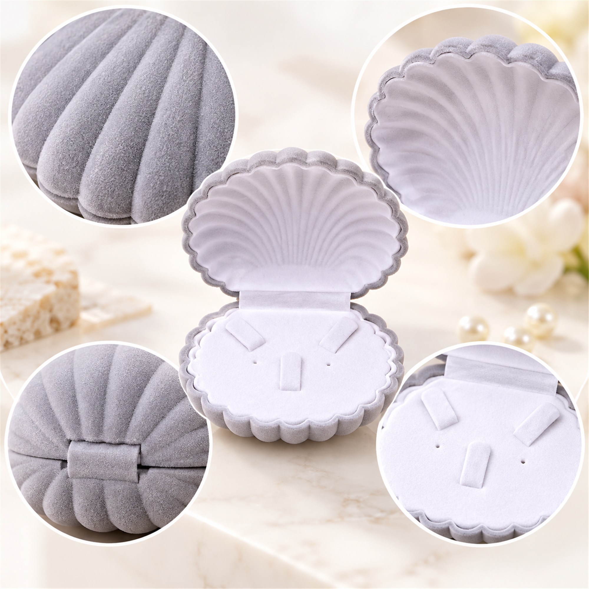 Medium Flocked Scallop-Shell Jewelry Box product construction details