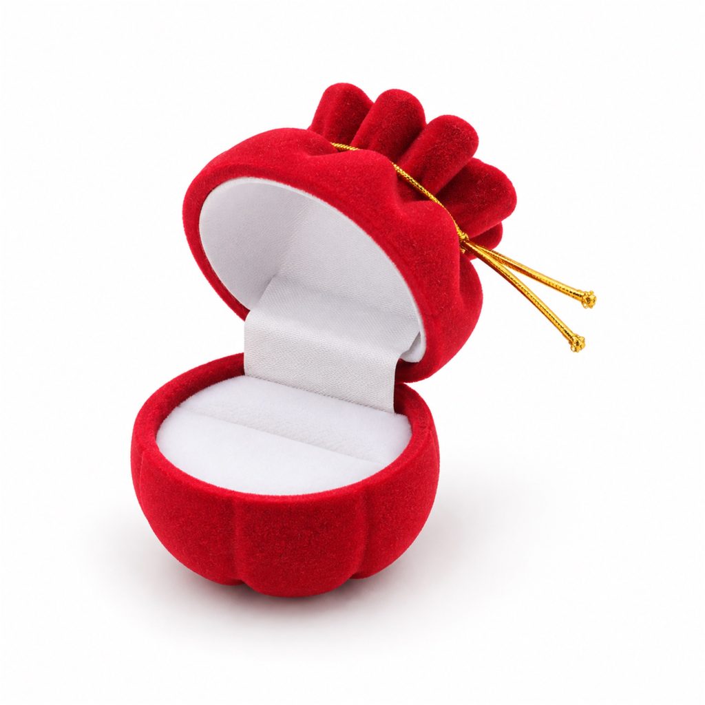 Red Flocked Drawstring-Pouch-Shaped Ring Box front product view