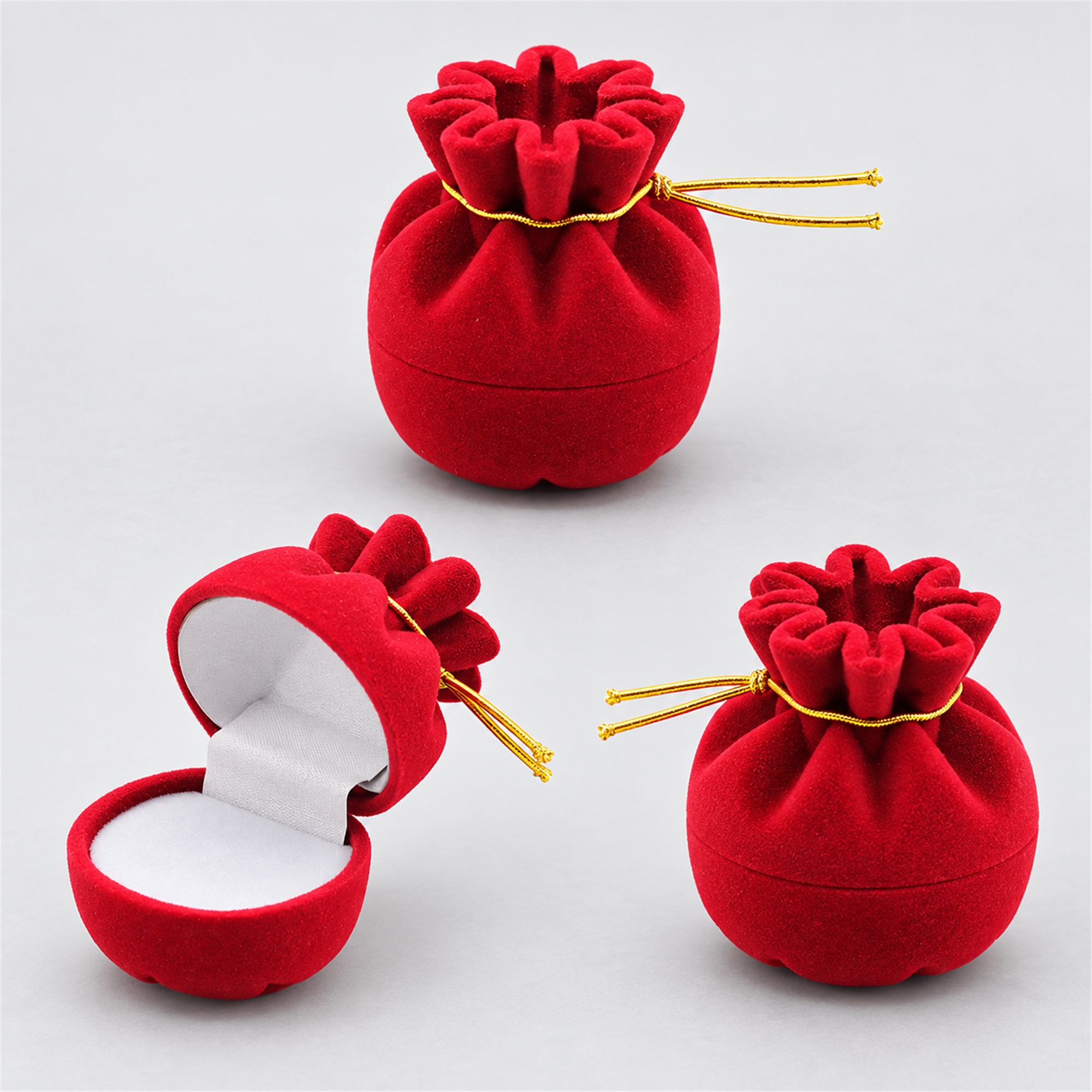Red Flocked Drawstring-Pouch-Shaped Ring Box available styles and colors