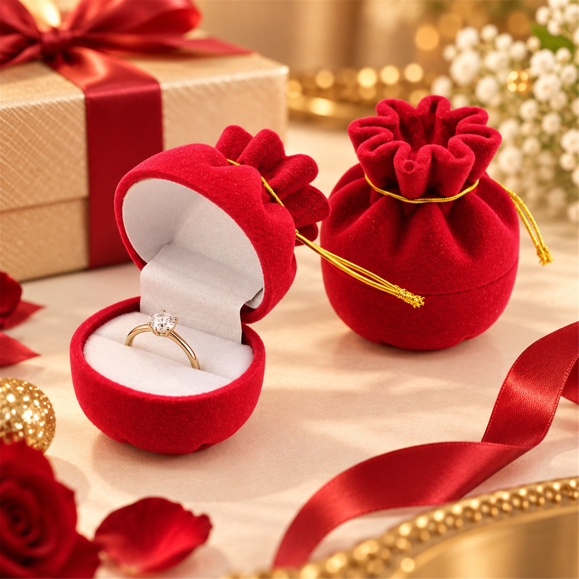 Red Flocked Drawstring-Pouch-Shaped Ring Box lifestyle application