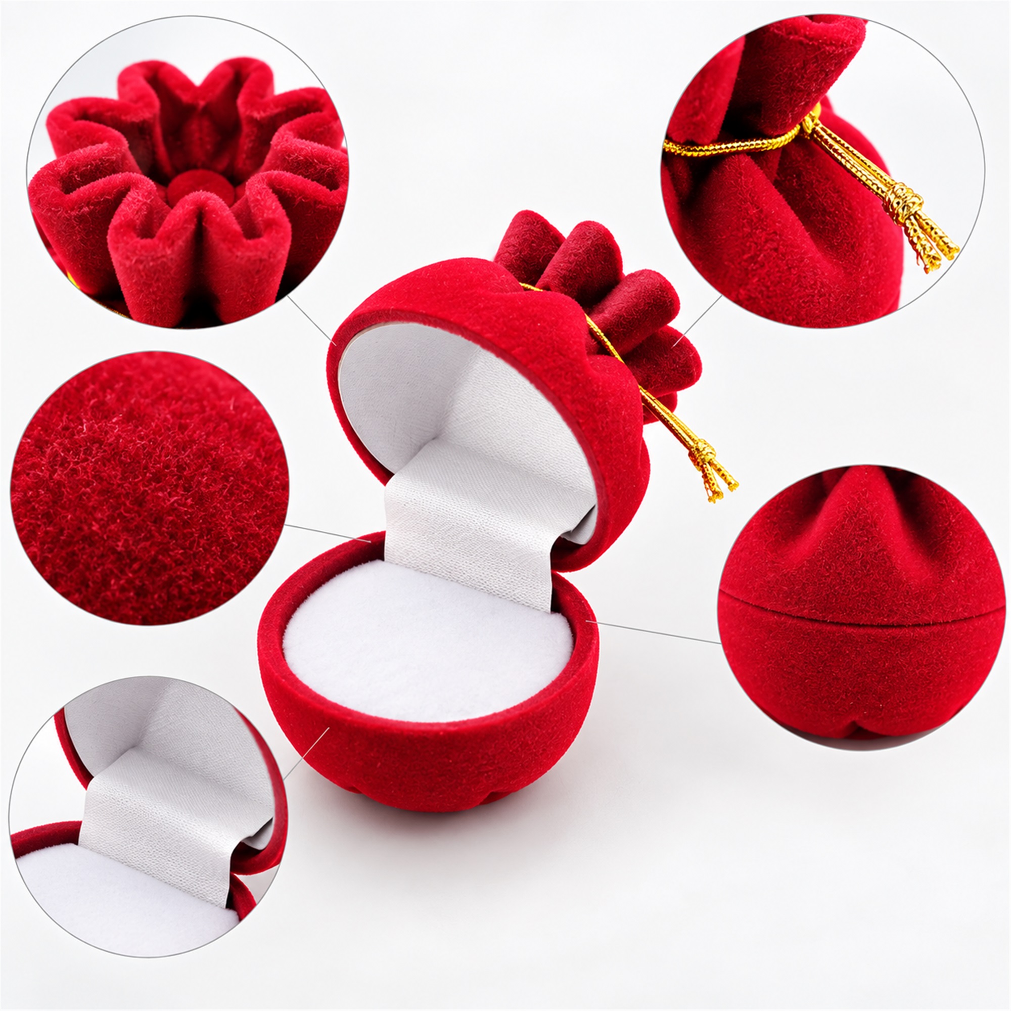 Red Flocked Drawstring-Pouch-Shaped Ring Box product construction details