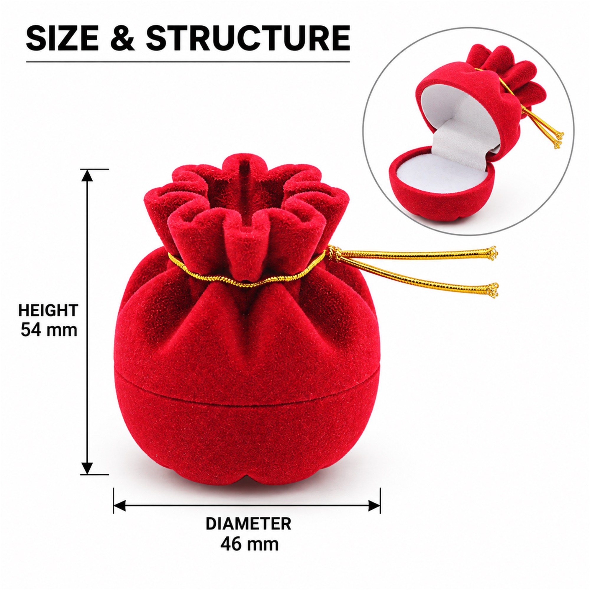 Red Flocked Drawstring-Pouch-Shaped Ring Box size and structure