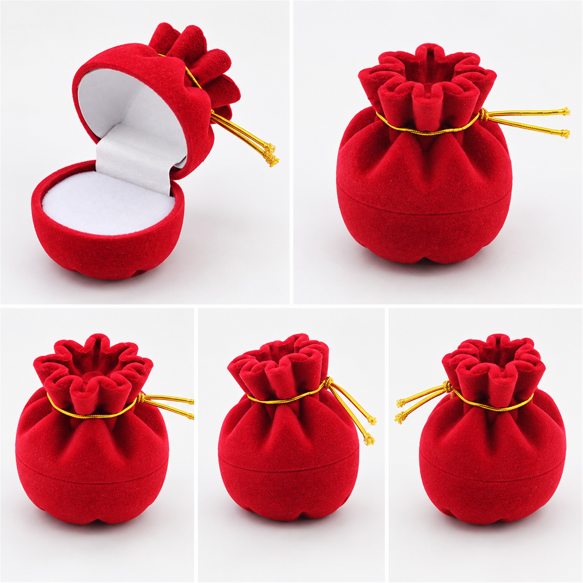 Red Flocked Drawstring-Pouch-Shaped Ring Box additional product views