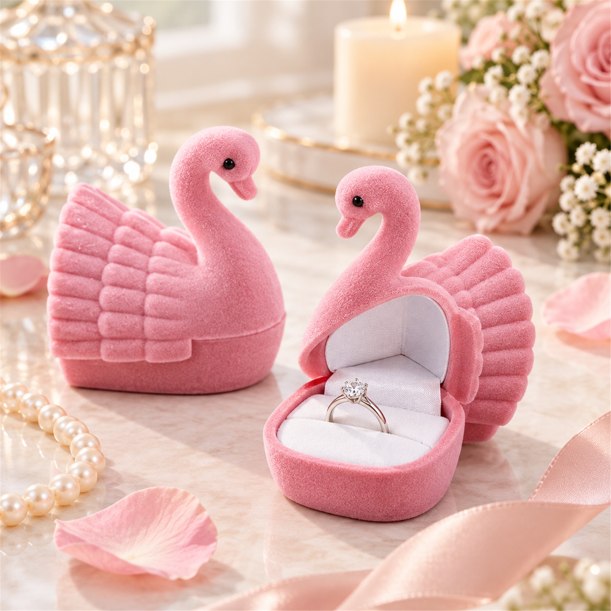 Flocked Swan-Shaped Ring Jewelry Box lifestyle application