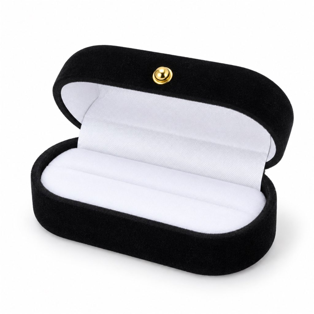 Compact Flocked Rounded-Oblong Jewelry Box With Gold Button front product view