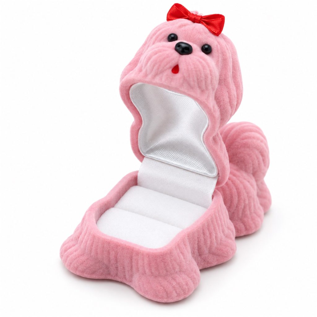 Custom Flocked Toy-Dog-Shaped Ring Jewelry Box front product view