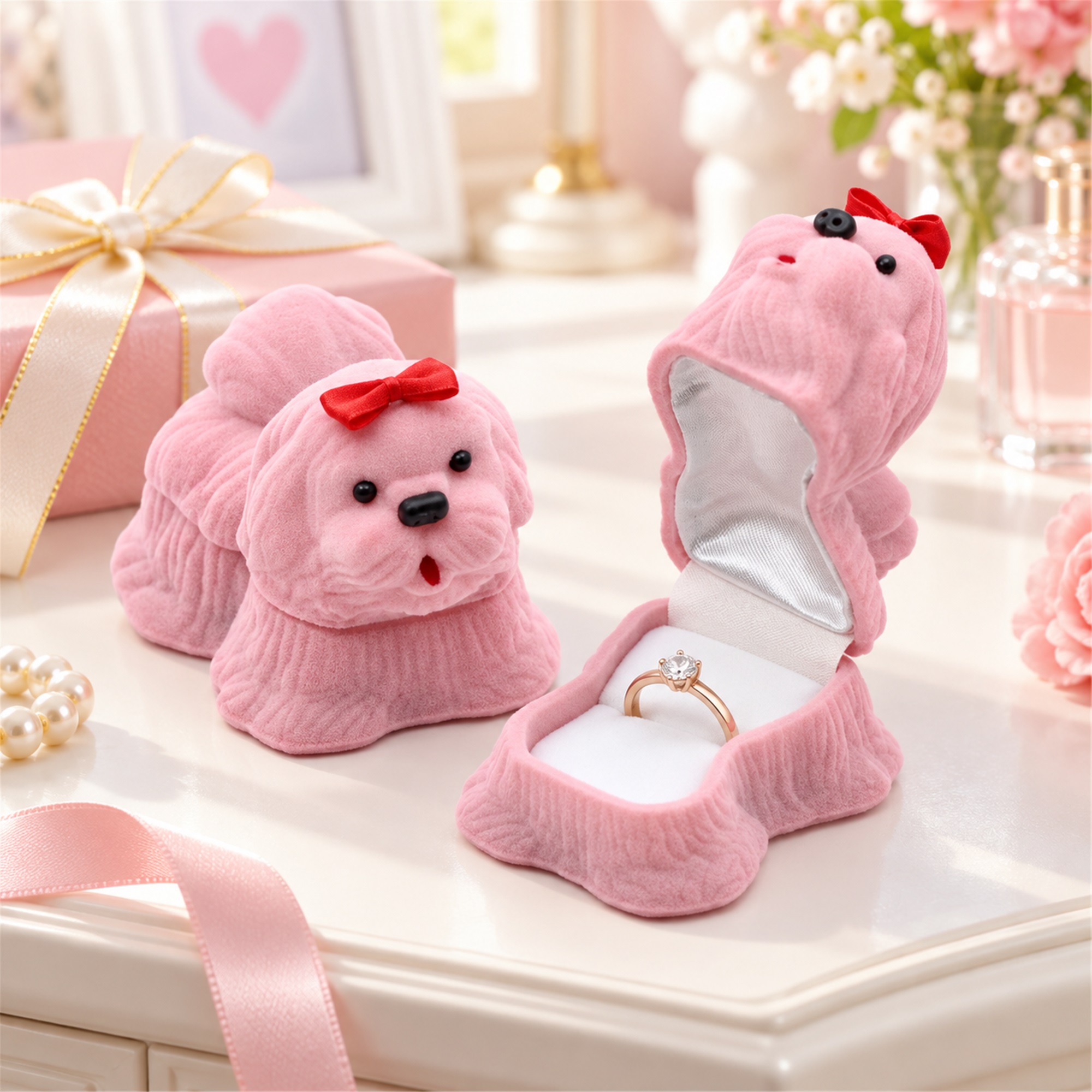 Custom Flocked Toy-Dog-Shaped Ring Jewelry Box lifestyle application