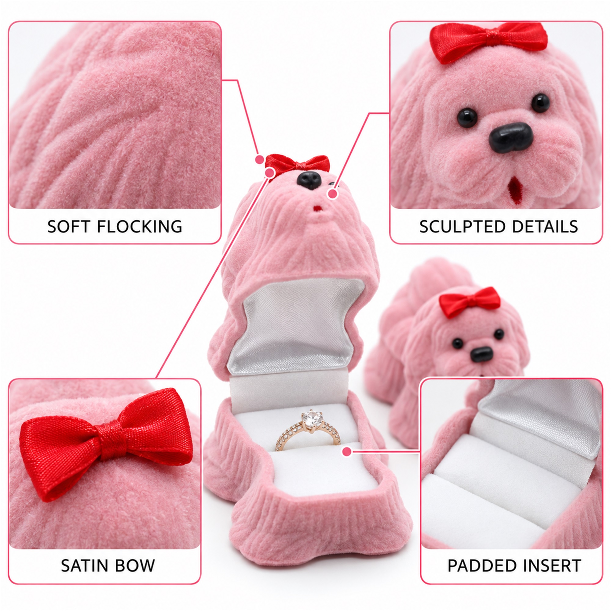 Custom Flocked Toy-Dog-Shaped Ring Jewelry Box product construction details