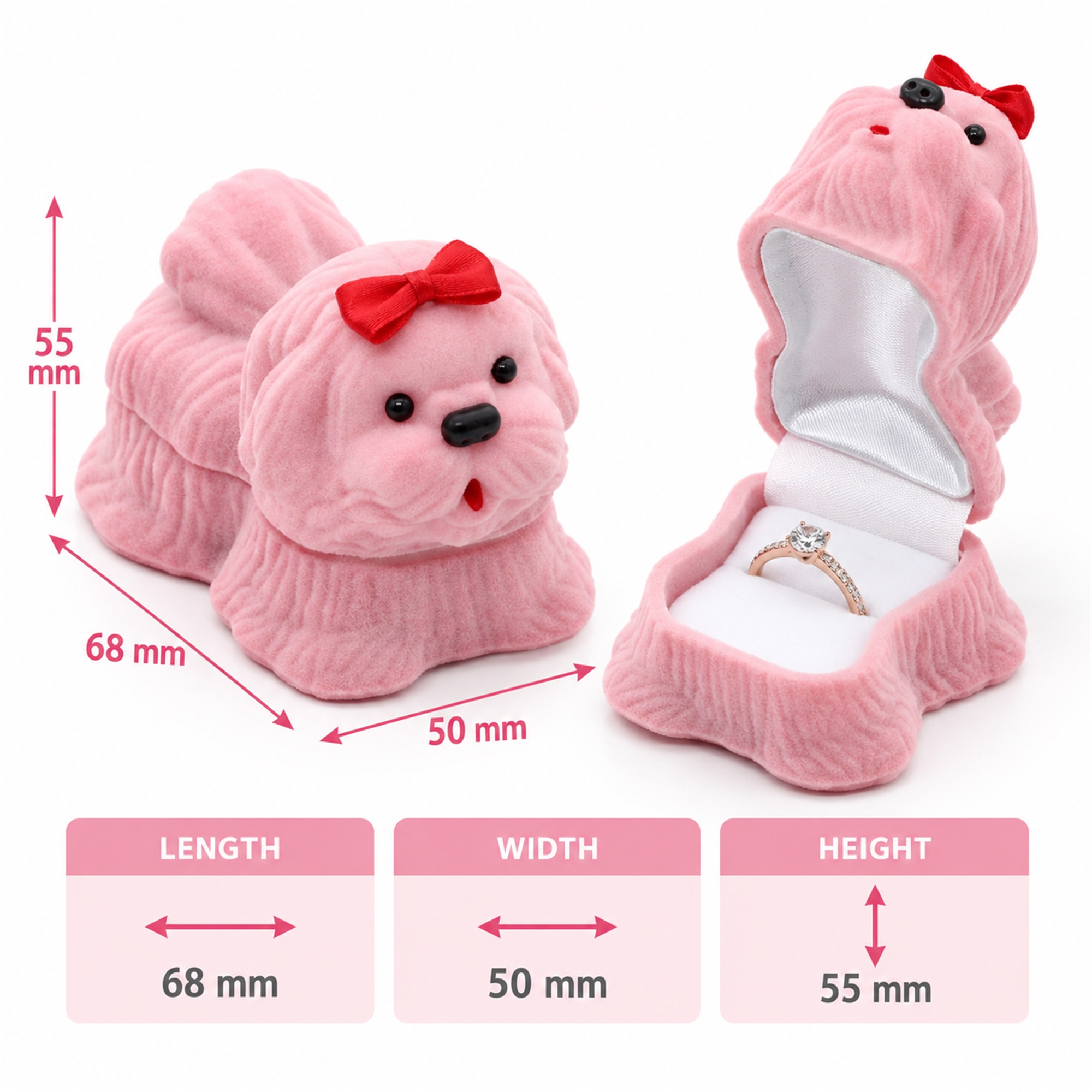 Custom Flocked Toy-Dog-Shaped Ring Jewelry Box size and structure