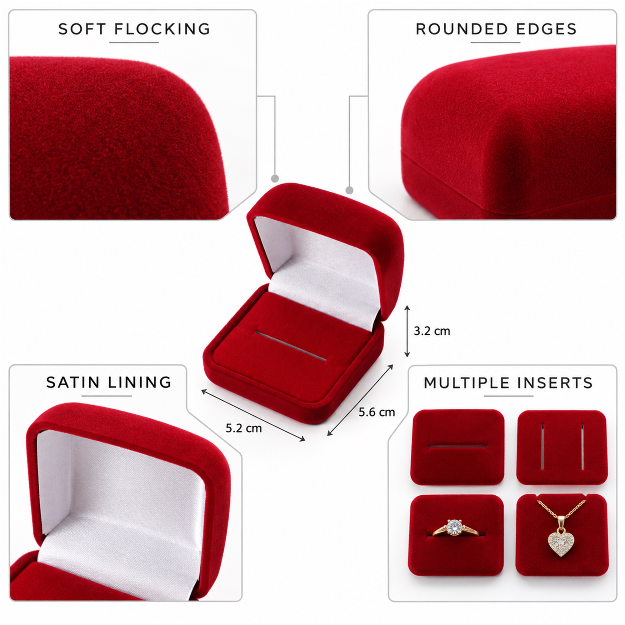 Compact Rounded-Square Flocked Multi-Insert Jewelry Box product construction details