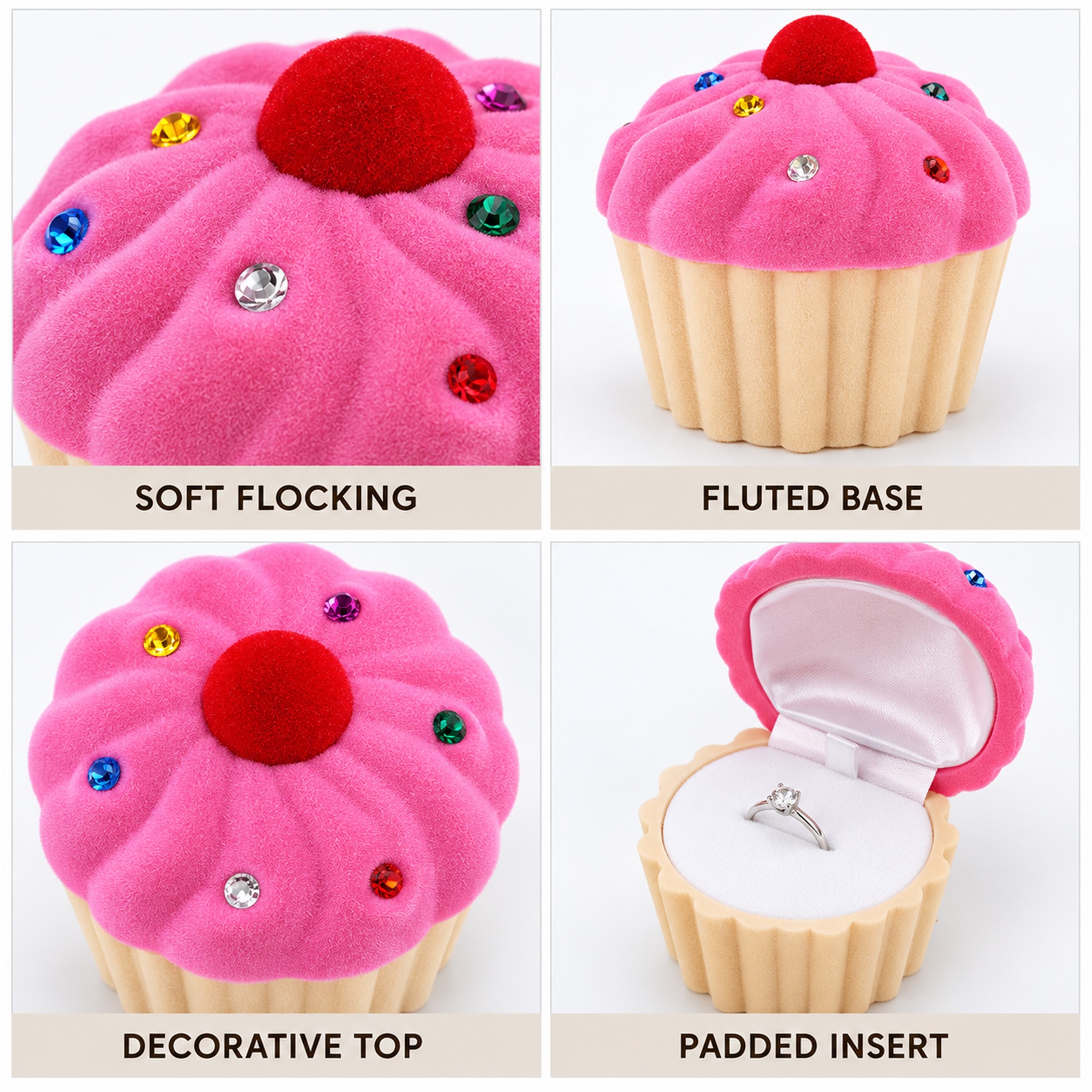 Flocked Cupcake-Shaped Jewelry Box product construction details