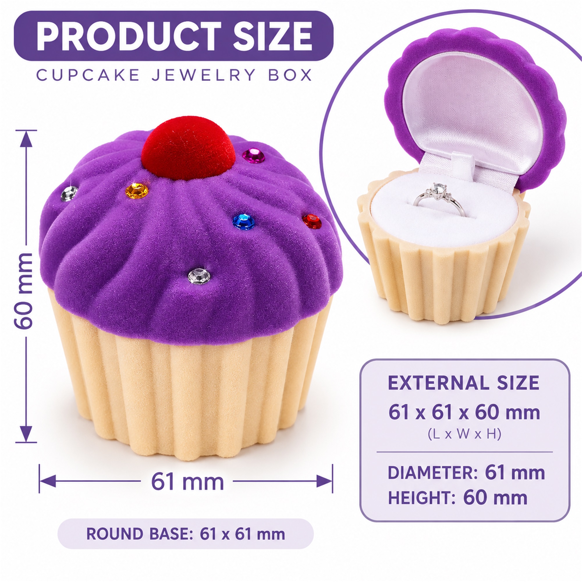 Flocked Cupcake-Shaped Jewelry Box size and structure