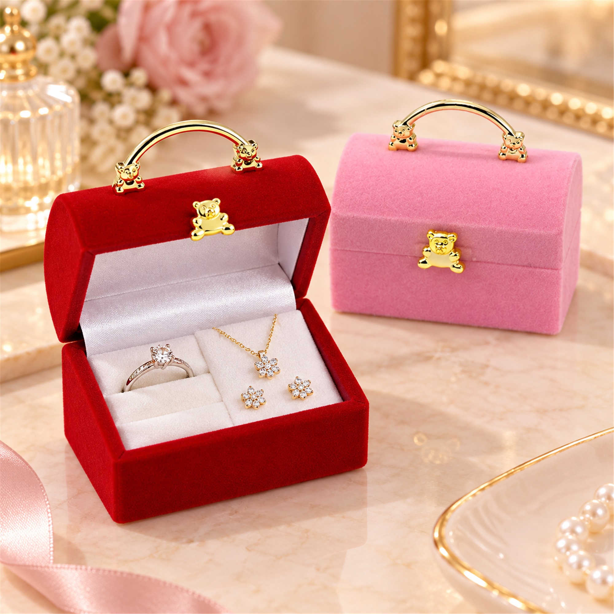 Flocked Handbag-Shaped Jewelry Presentation Box lifestyle application