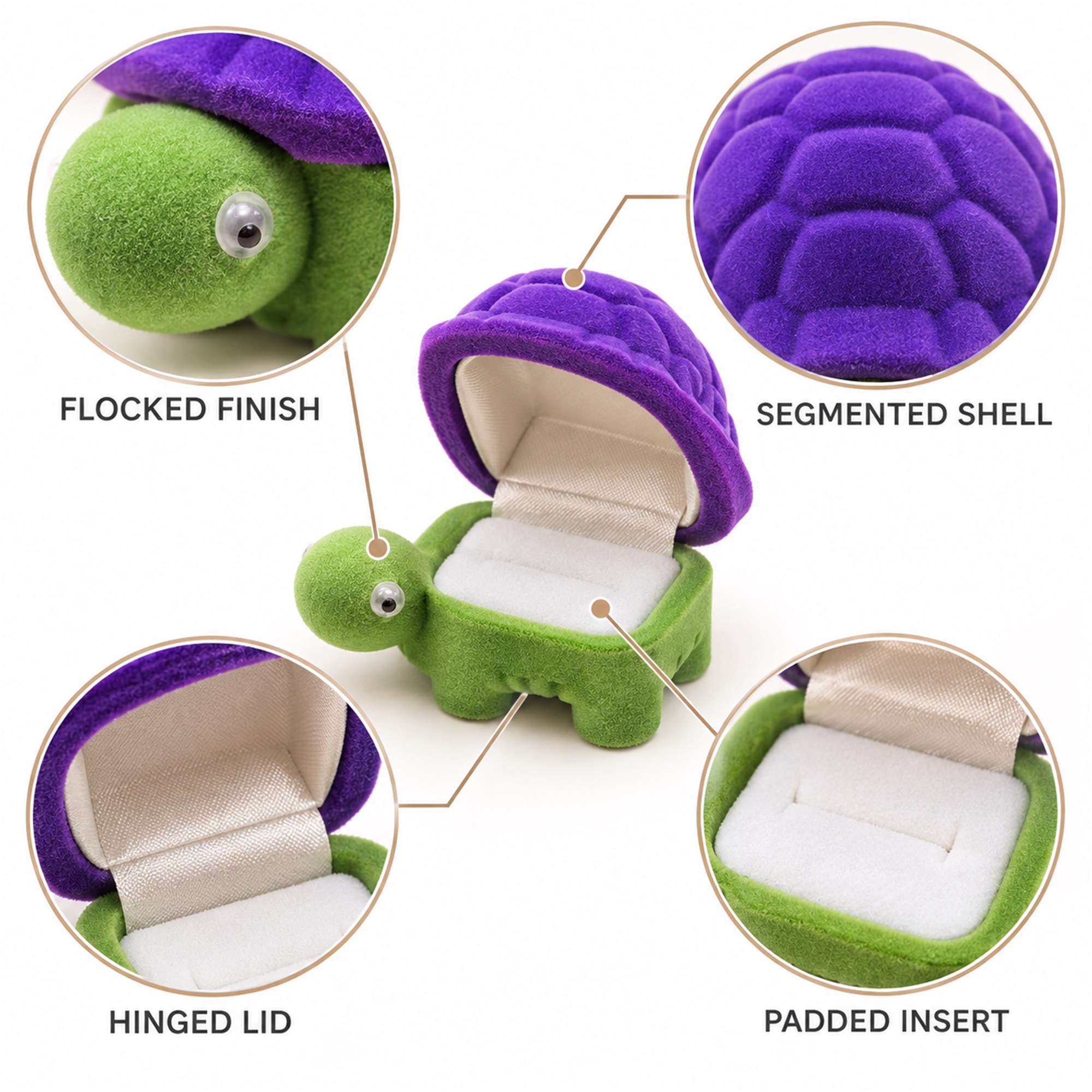 Flocked Turtle-Shaped Jewelry Presentation Box product construction details