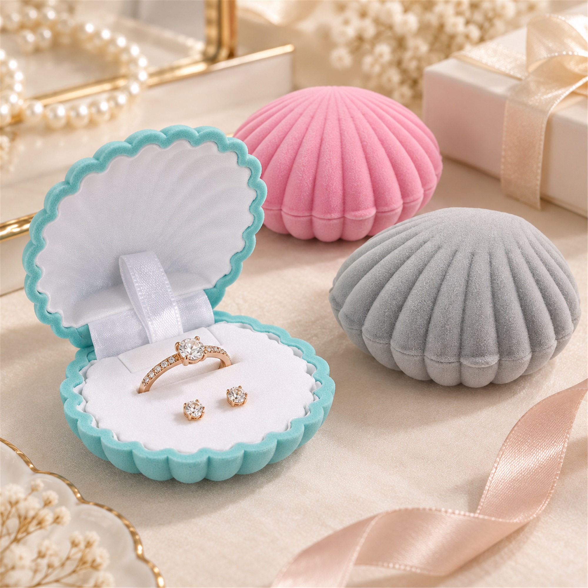 Flocked Scallop-Shell Jewelry Presentation Box lifestyle application