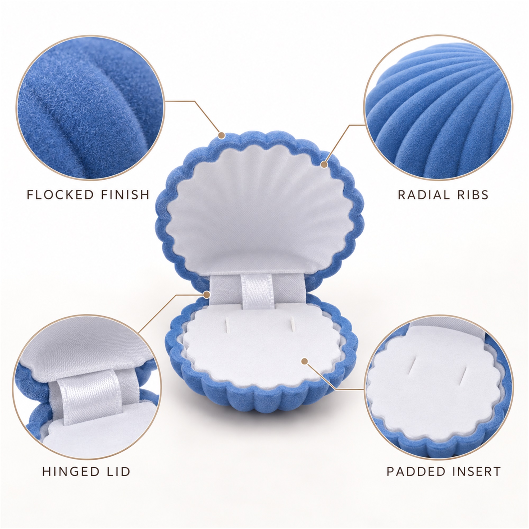 Flocked Scallop-Shell Jewelry Presentation Box product construction details