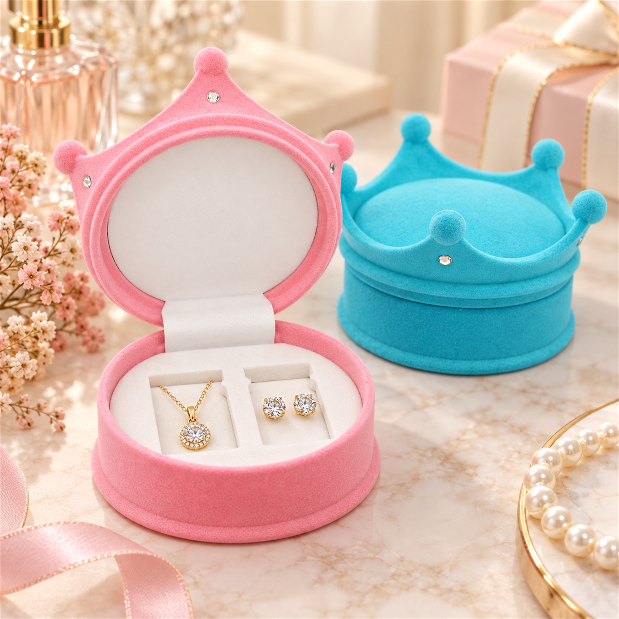 Large Flocked Crown-Shaped Jewelry Presentation Box lifestyle application