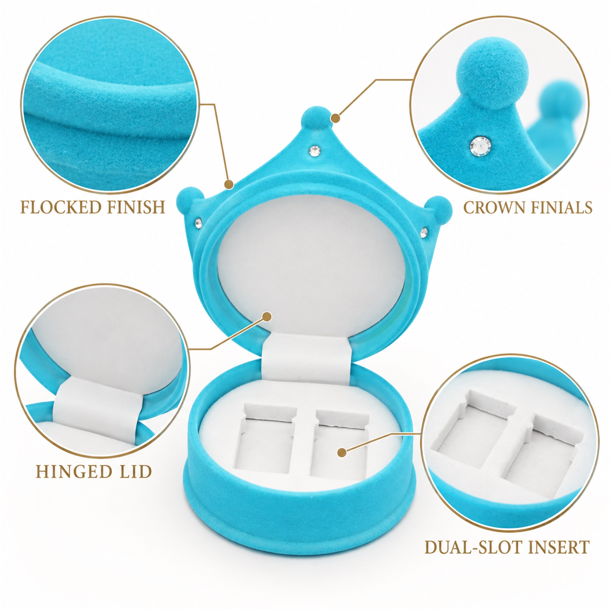 Large Flocked Crown-Shaped Jewelry Presentation Box product construction details