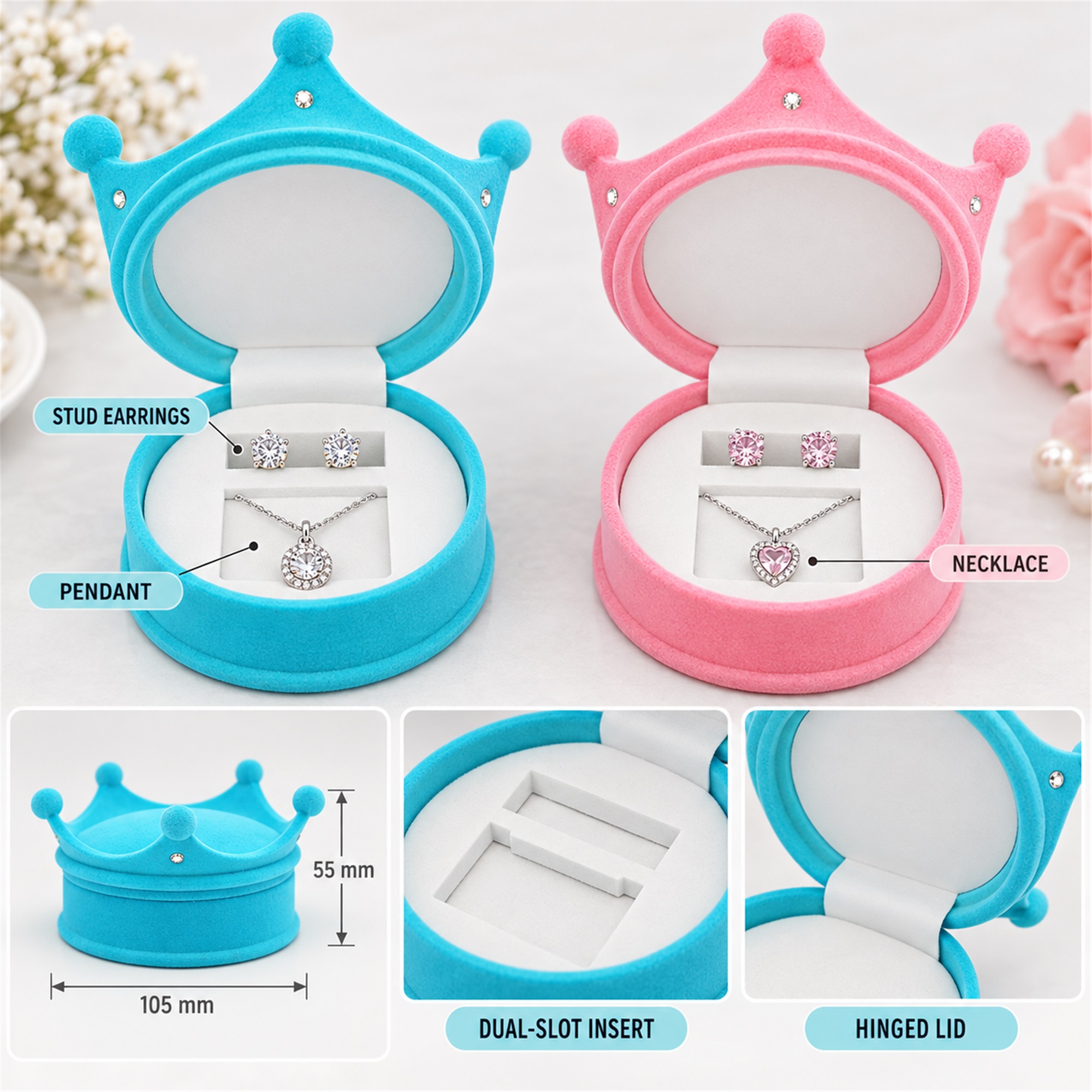 Large Flocked Crown-Shaped Jewelry Presentation Box additional product views