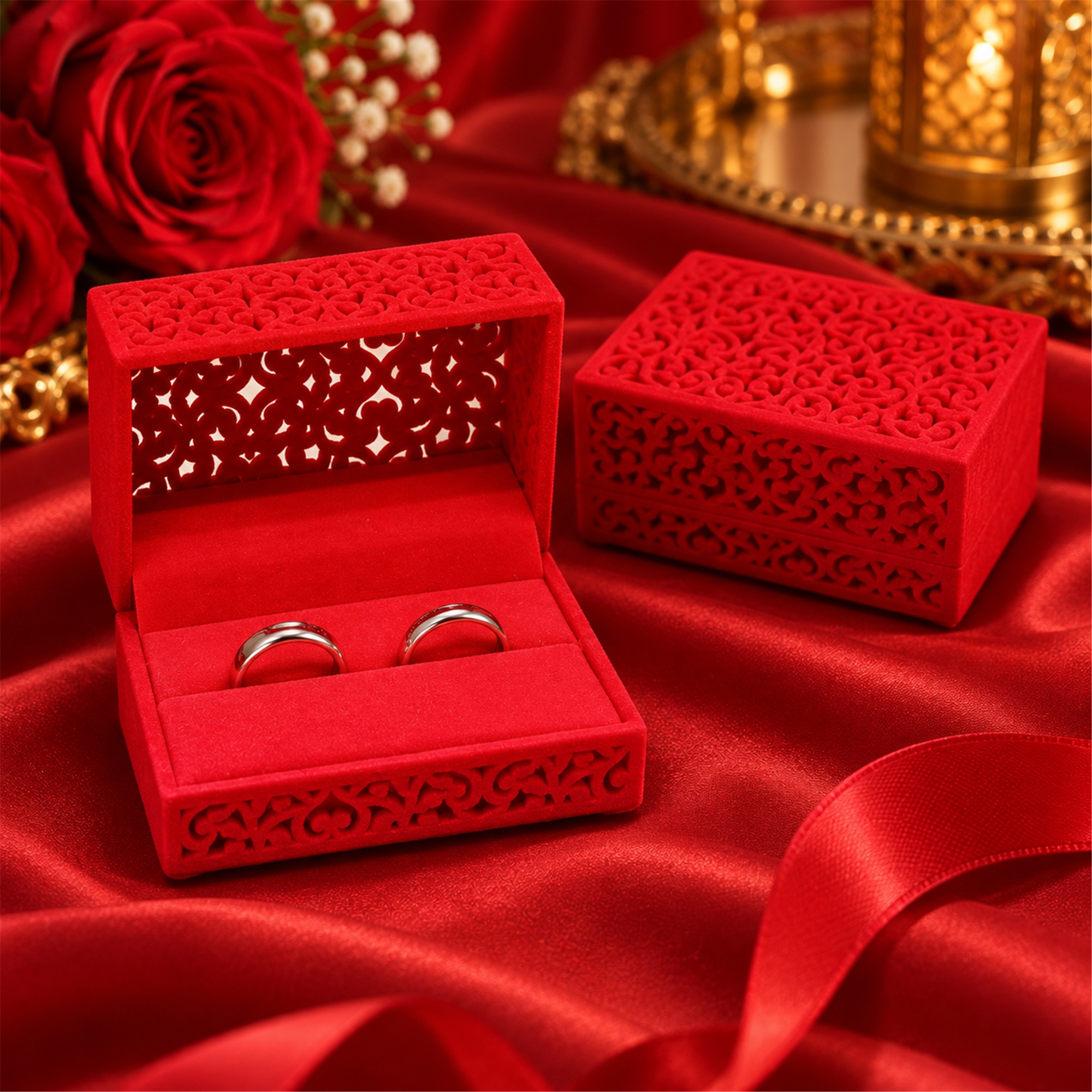 Flocked Openwork Wedding Jewelry Presentation Box lifestyle application