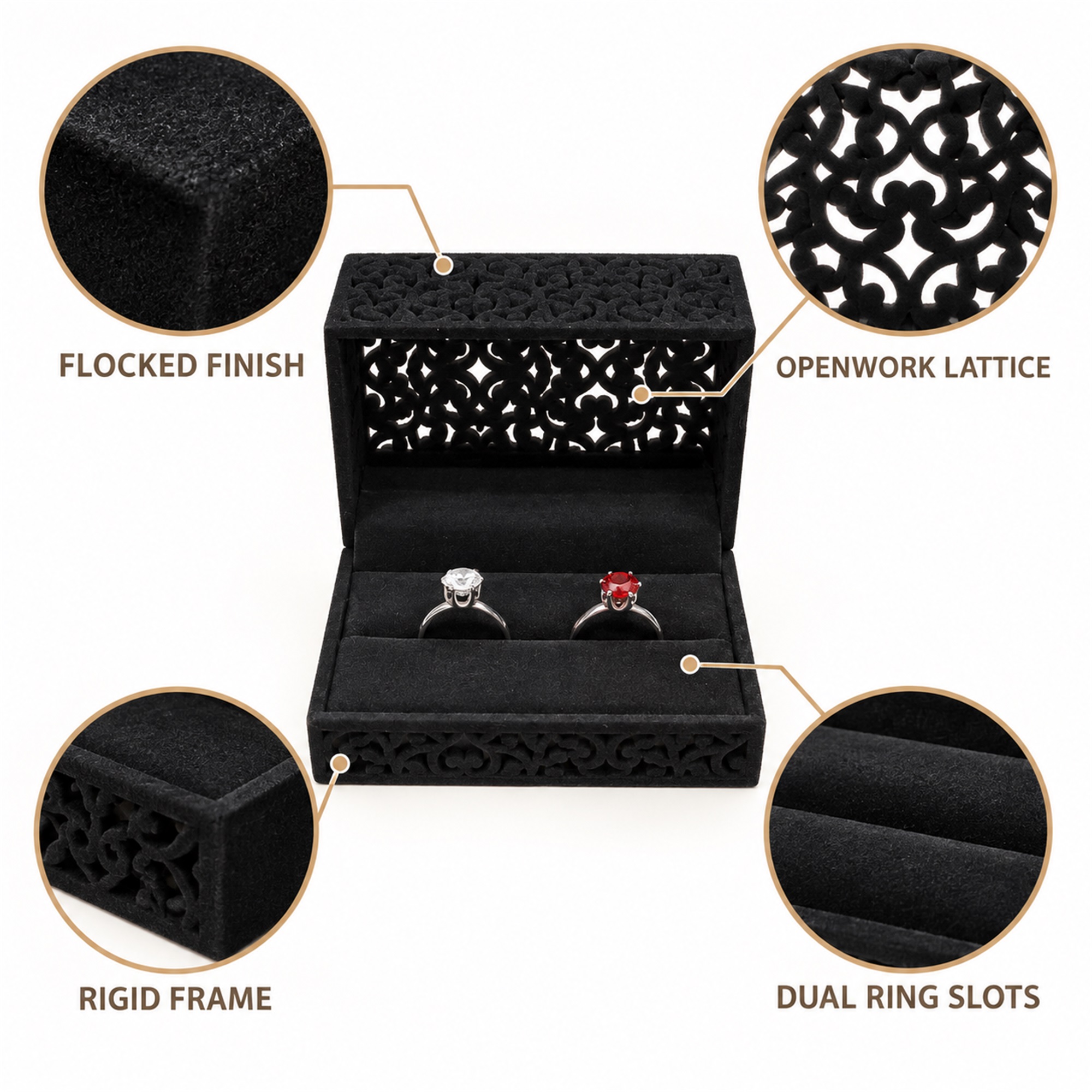 Flocked Openwork Wedding Jewelry Presentation Box product construction details