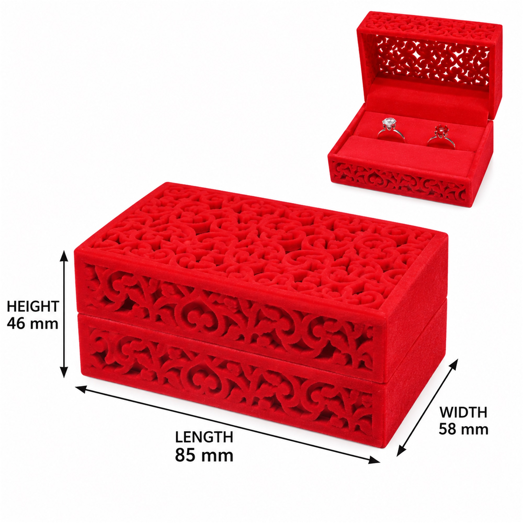 Flocked Openwork Wedding Jewelry Presentation Box size and structure