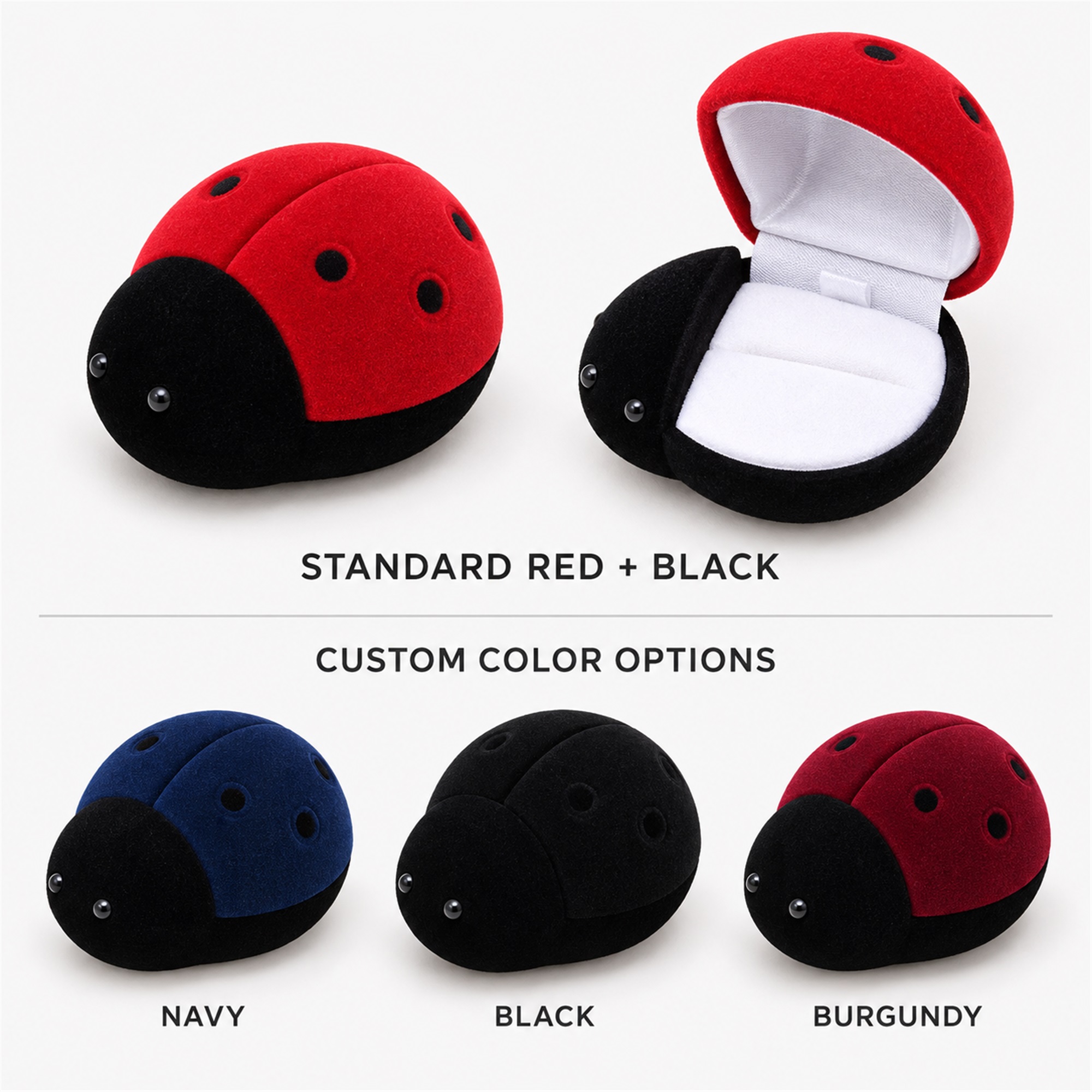 Custom Flocked Ladybug-Shaped Jewelry Presentation Box available styles and colors
