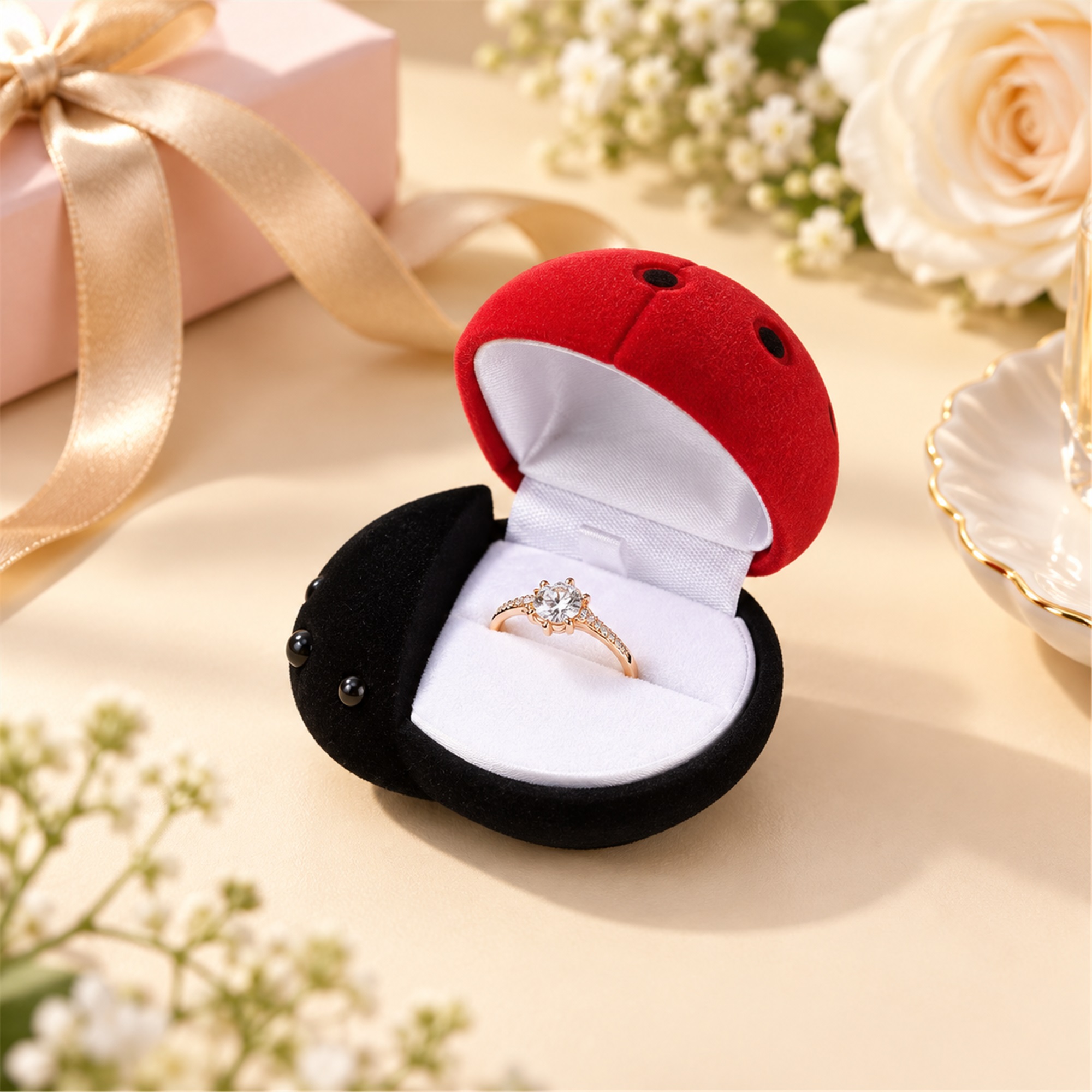 Custom Flocked Ladybug-Shaped Jewelry Presentation Box lifestyle application
