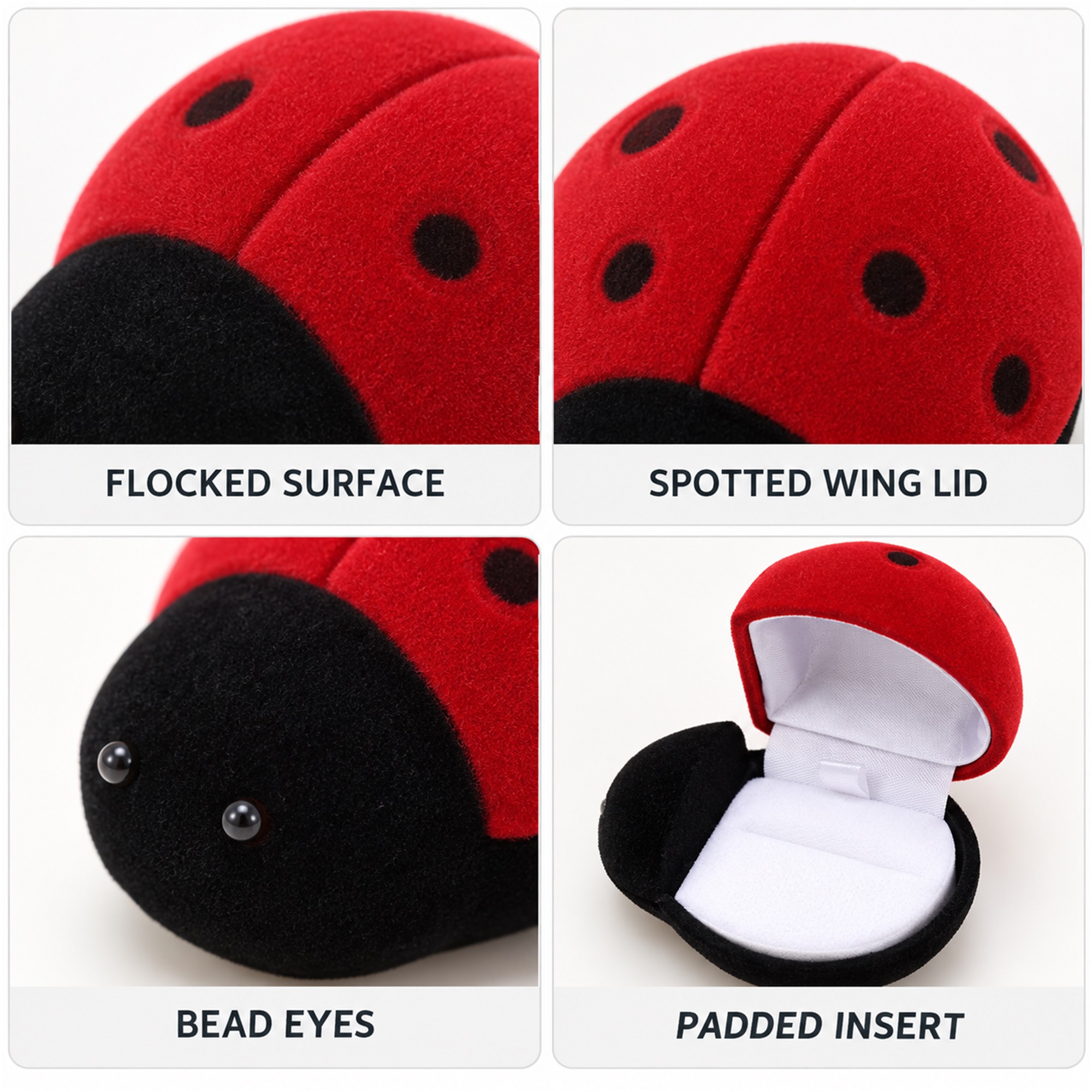 Custom Flocked Ladybug-Shaped Jewelry Presentation Box product construction details