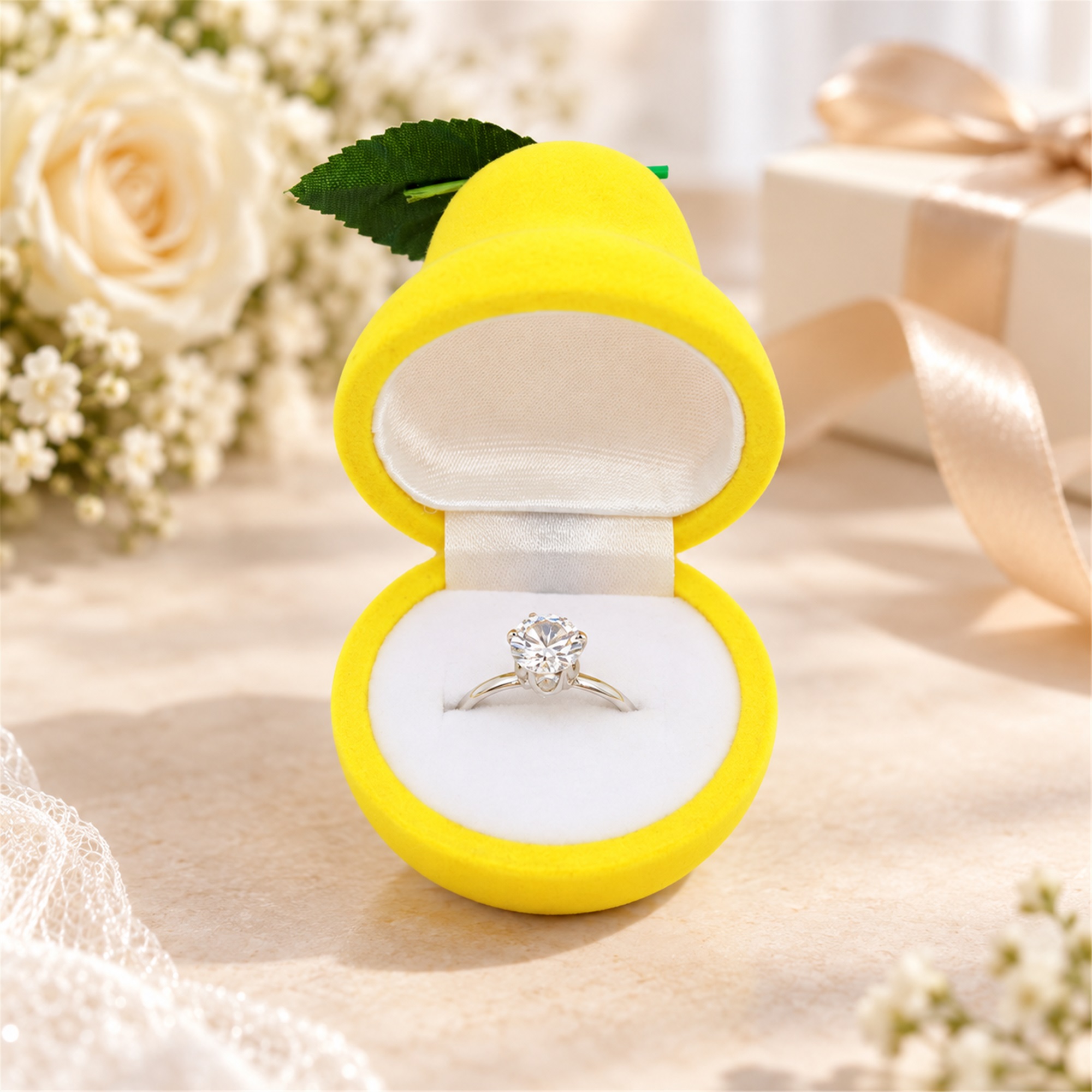 Custom Yellow Flocked Pear-Shaped Ring Presentation Box lifestyle application