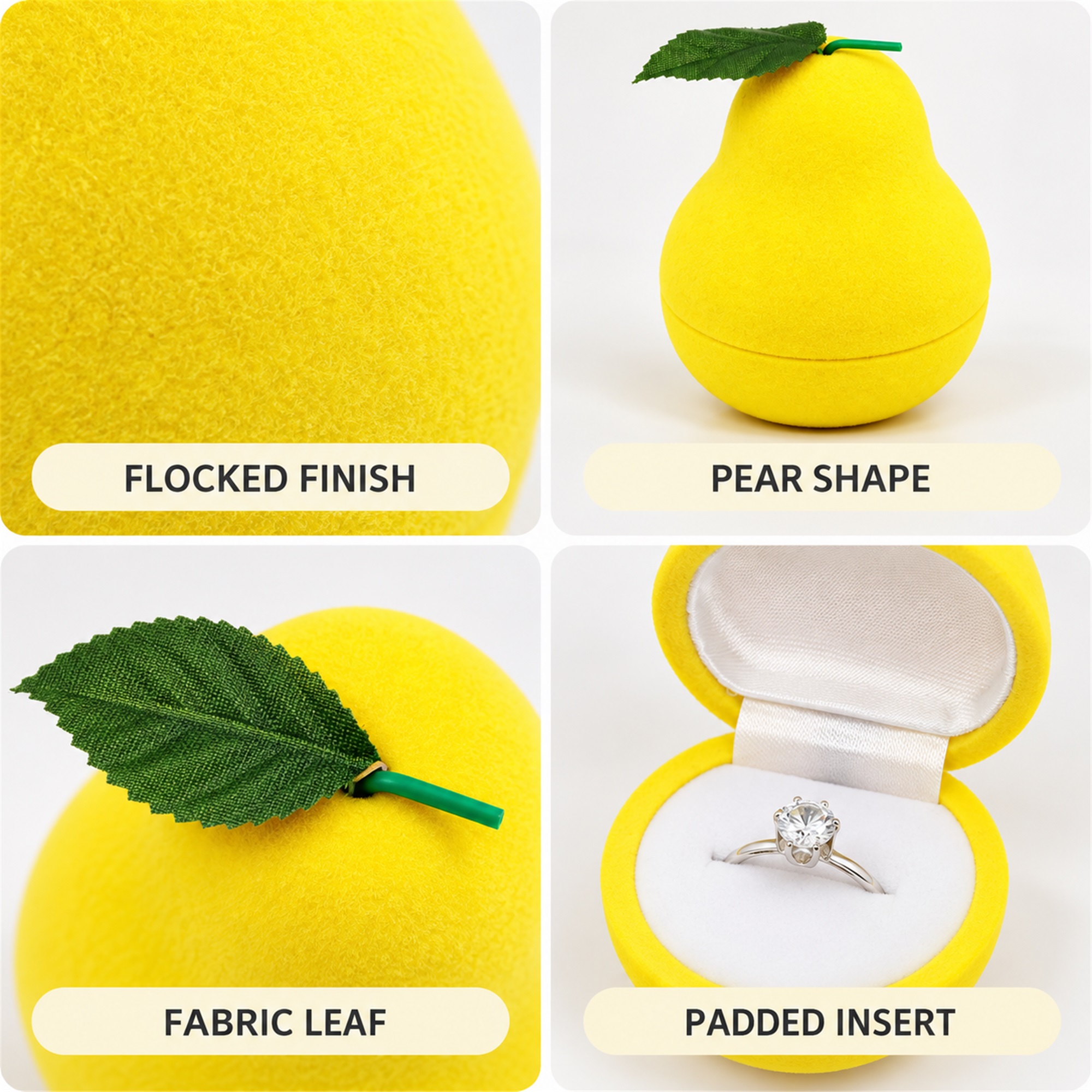 Custom Yellow Flocked Pear-Shaped Ring Presentation Box product construction details