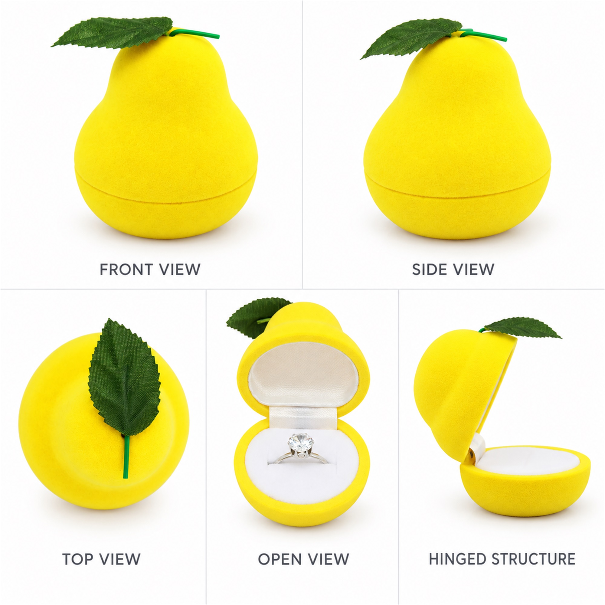 Custom Yellow Flocked Pear-Shaped Ring Presentation Box size and structure